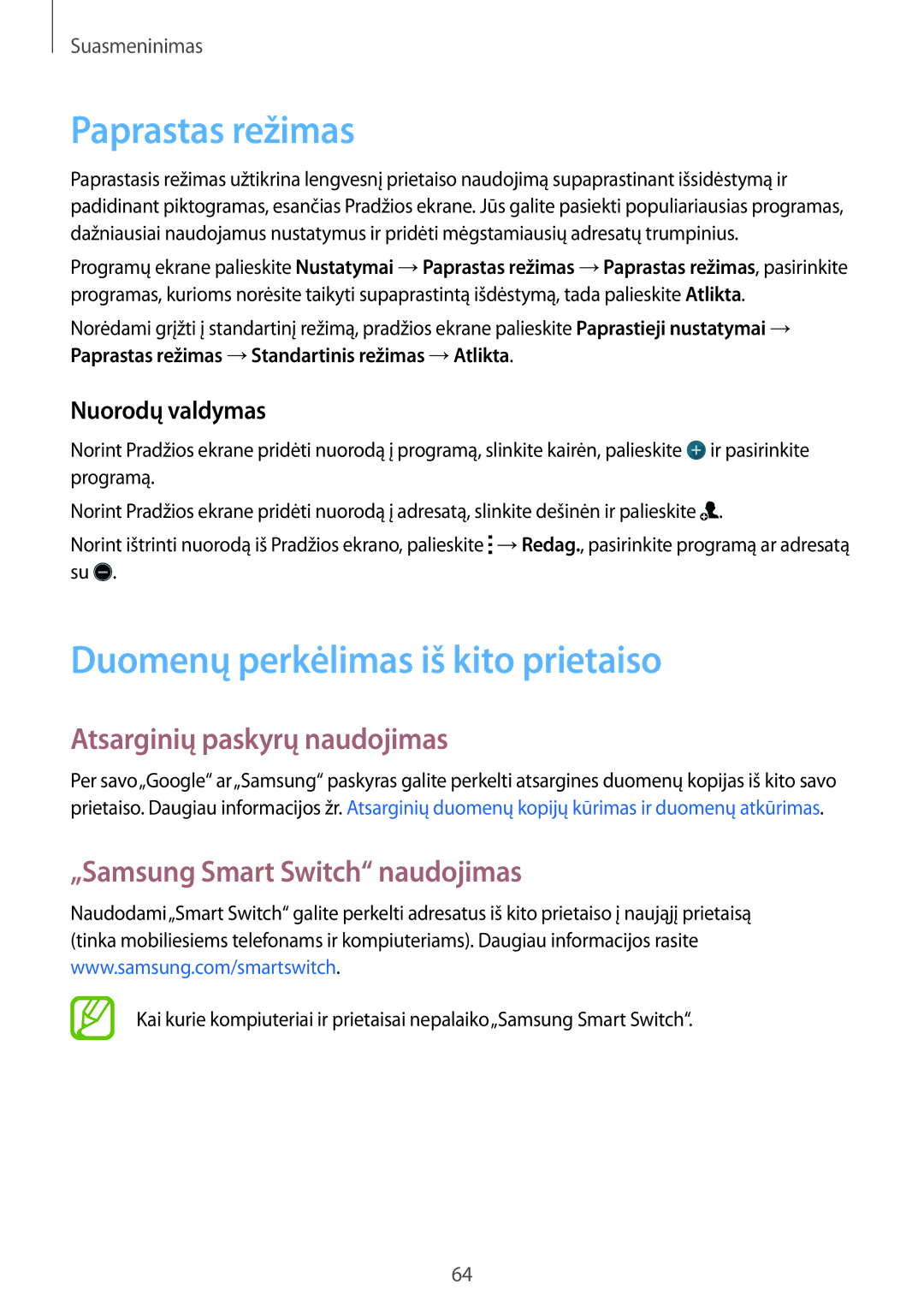 Samsung SM-G800FZWASEB manual Paprastas režimas, Duomenų perkėlimas iš kito prietaiso, Atsarginių paskyrų naudojimas 