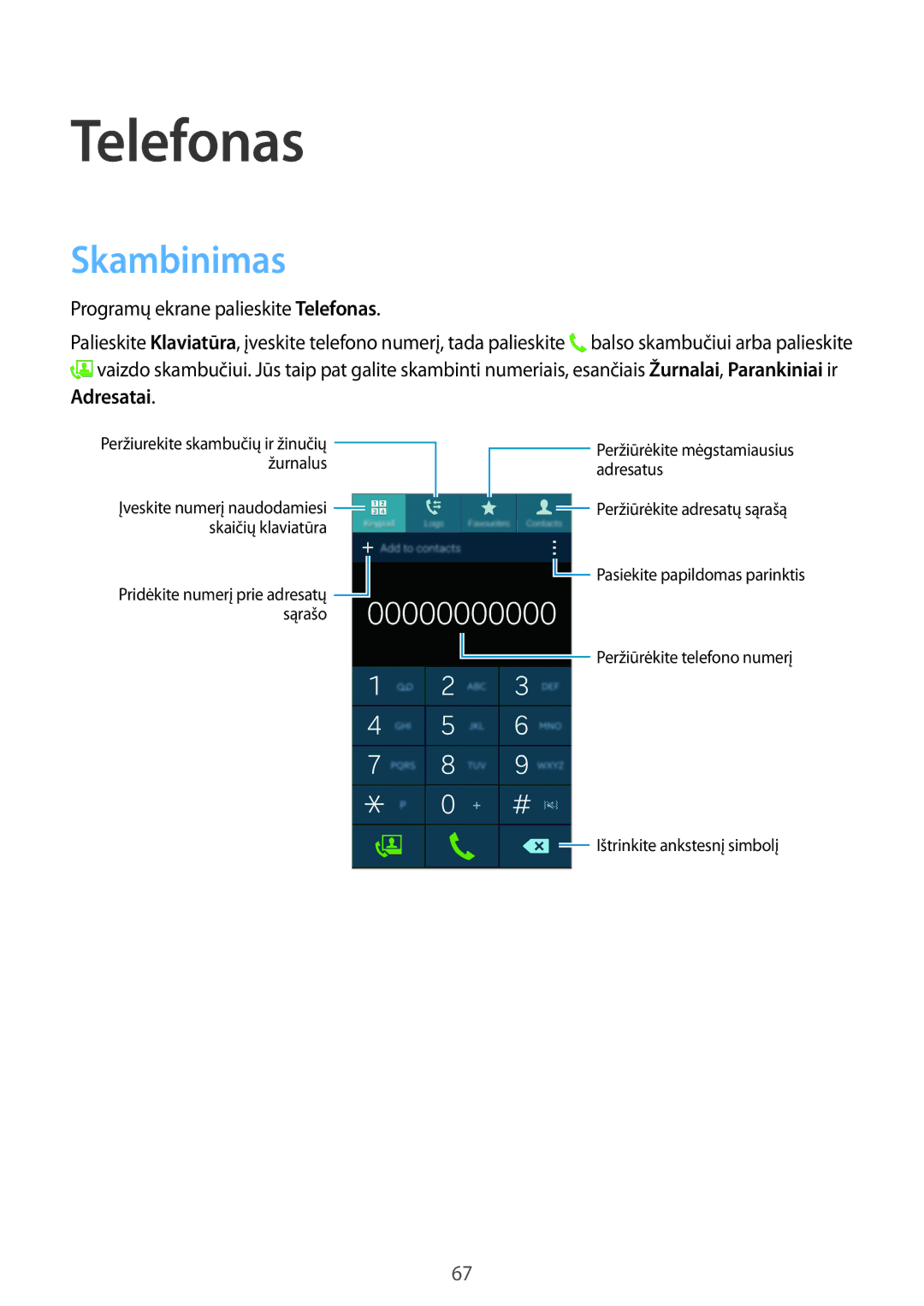 Samsung SM-G800FZDASEB, SM-G800FZWASEB, SM-G800FZKASEB Skambinimas, Programų ekrane palieskite Telefonas, Adresatai 