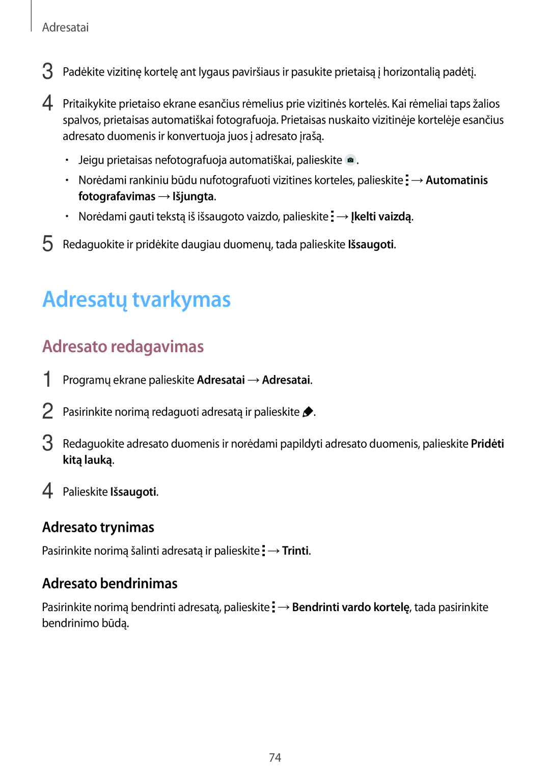 Samsung SM-G800FZBASEB manual Adresatų tvarkymas, Adresato redagavimas, Adresato trynimas, Adresato bendrinimas, Kitą lauką 