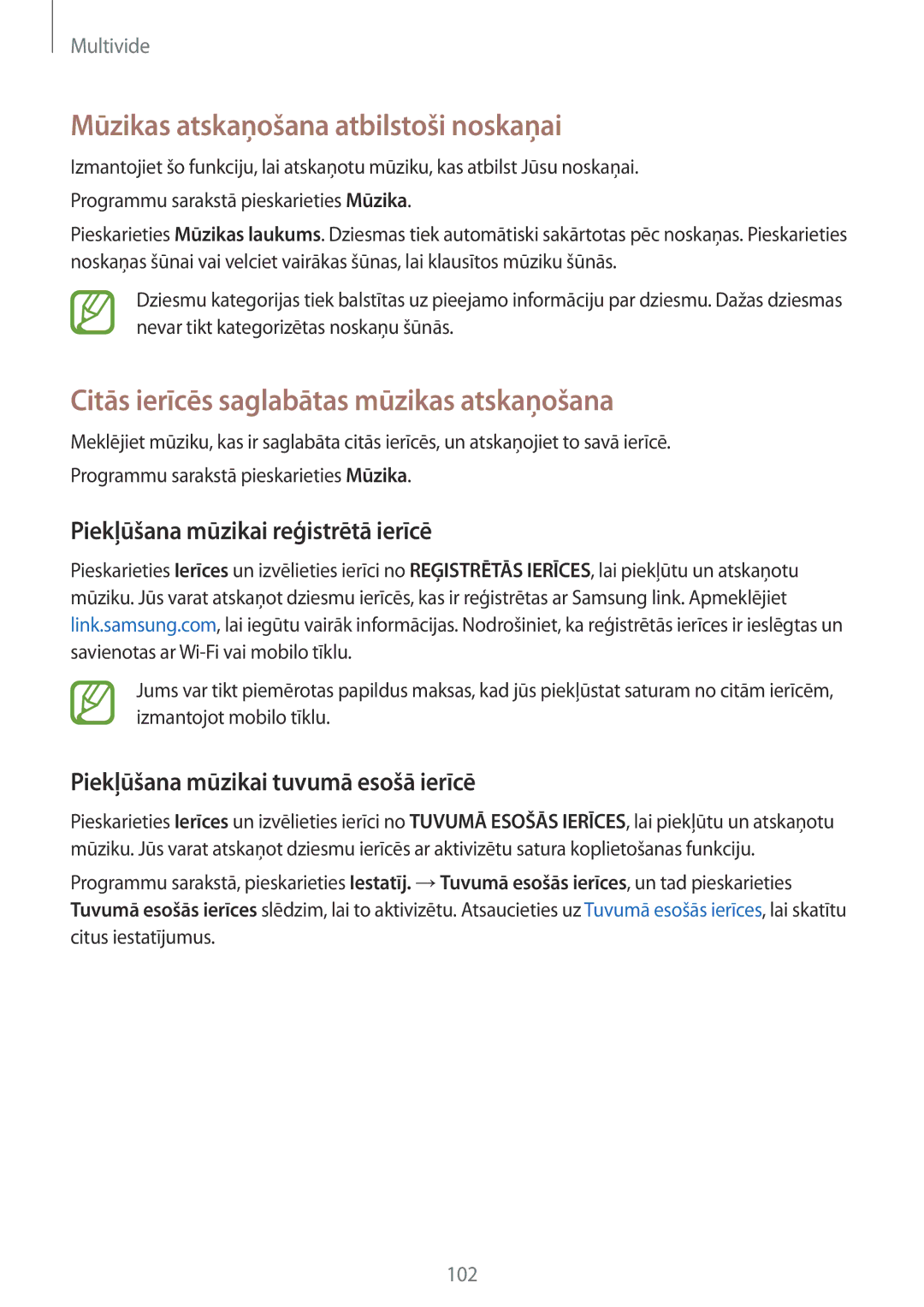 Samsung SM-G800FZBASEB manual Mūzikas atskaņošana atbilstoši noskaņai, Citās ierīcēs saglabātas mūzikas atskaņošana 