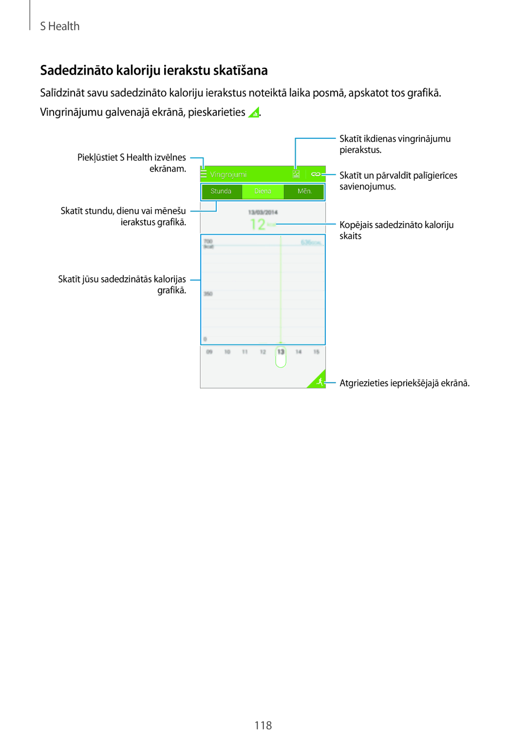 Samsung SM-G800FZBASEB, SM-G800FZWASEB, SM-G800FZKASEB, SM-G800FZDASEB manual Sadedzināto kaloriju ierakstu skatīšana 