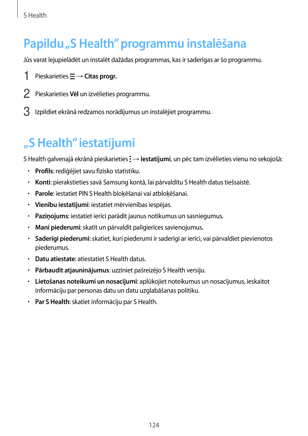 Samsung SM-G800FZWASEB, SM-G800FZKASEB, SM-G800FZBASEB manual Papildu„S Health programmu instalēšana, „S Health iestatījumi 