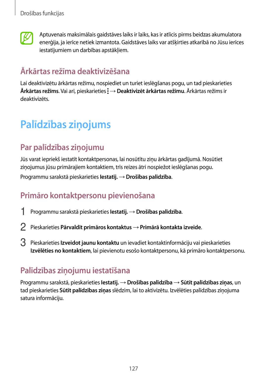 Samsung SM-G800FZDASEB, SM-G800FZWASEB manual Palīdzības ziņojums, Ārkārtas režīma deaktivizēšana, Par palīdzības ziņojumu 