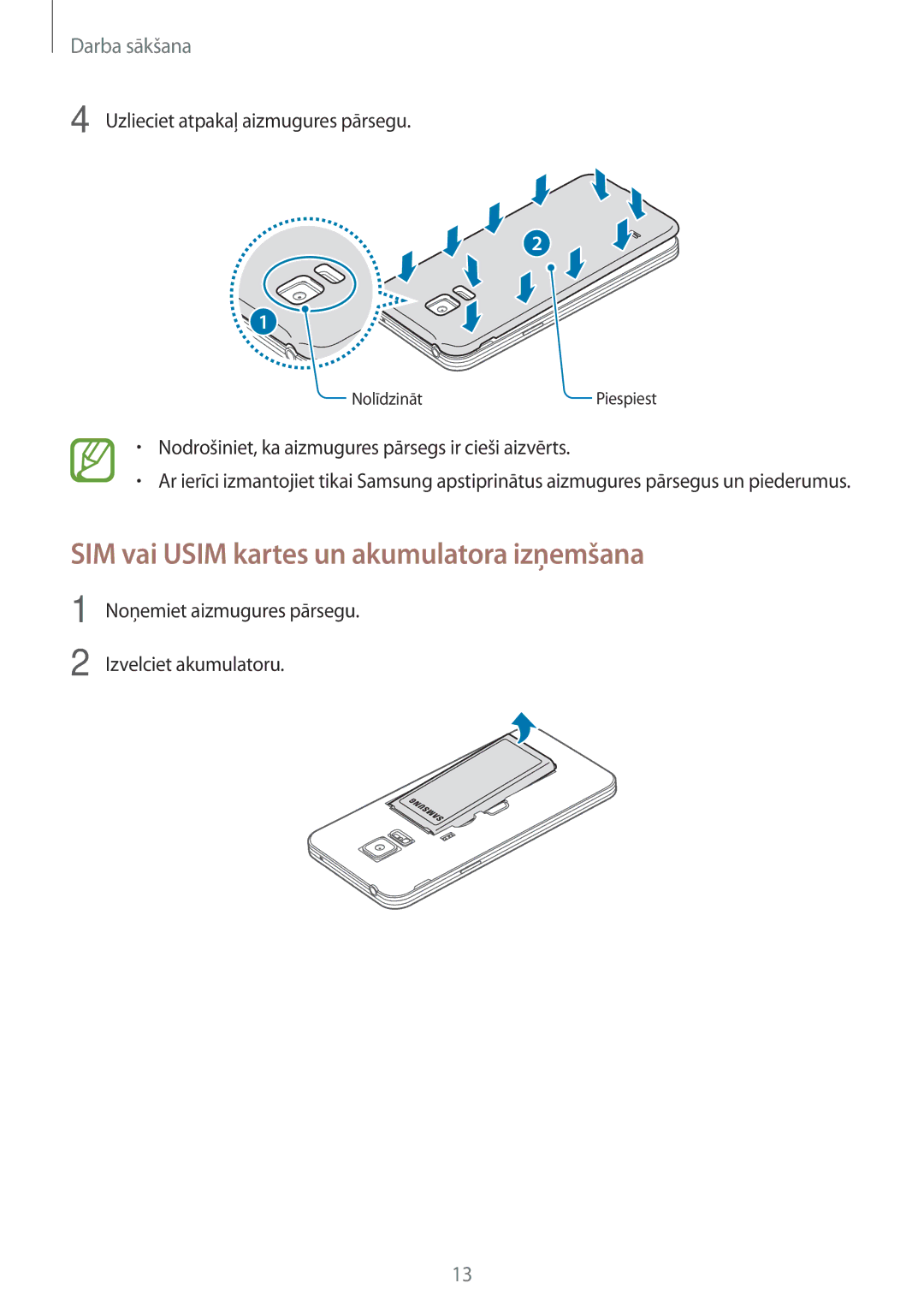 Samsung SM-G800FZKASEB, SM-G800FZWASEB, SM-G800FZBASEB, SM-G800FZDASEB manual SIM vai Usim kartes un akumulatora izņemšana 