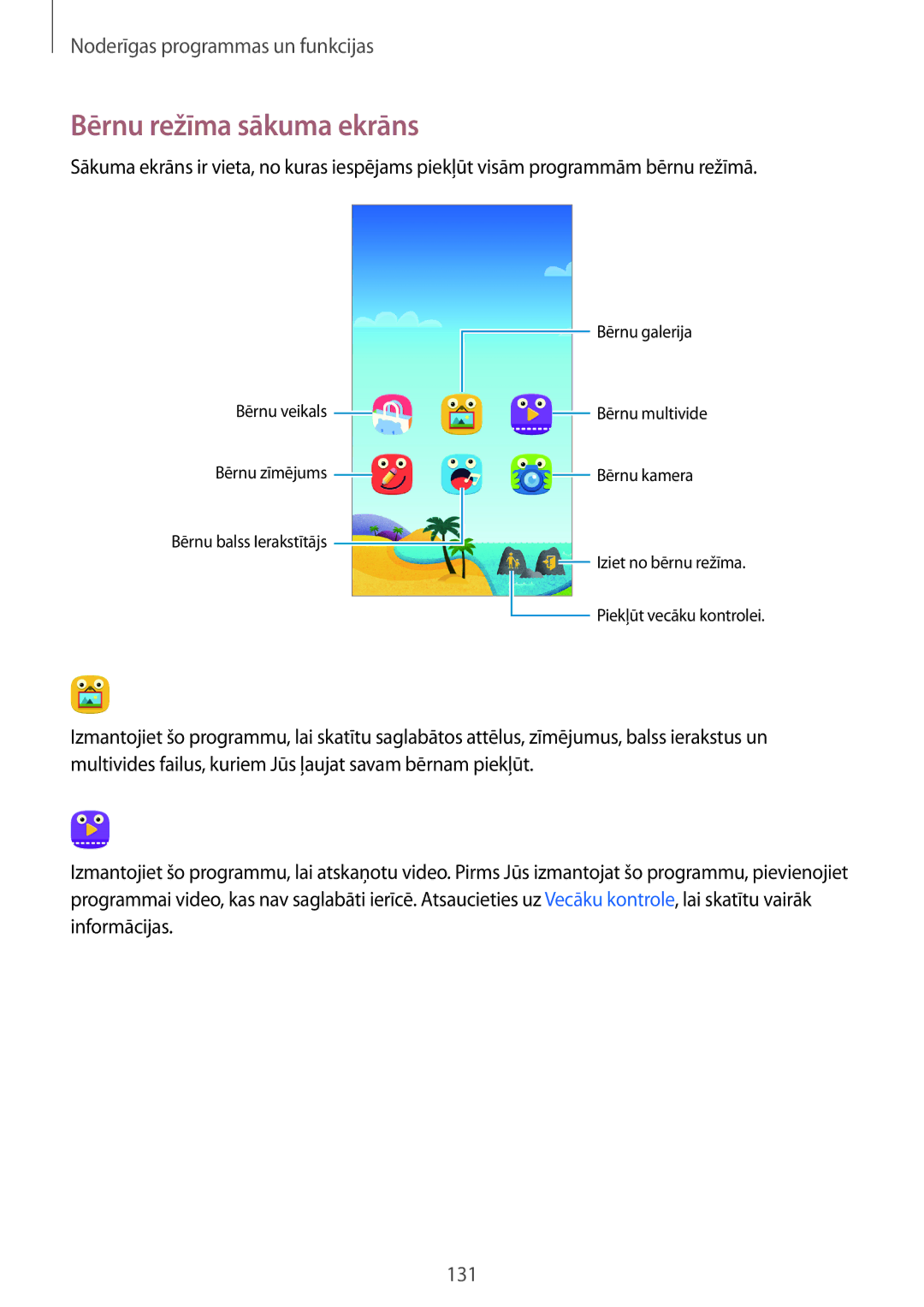 Samsung SM-G800FZDASEB, SM-G800FZWASEB, SM-G800FZKASEB, SM-G800FZBASEB manual Bērnu režīma sākuma ekrāns 