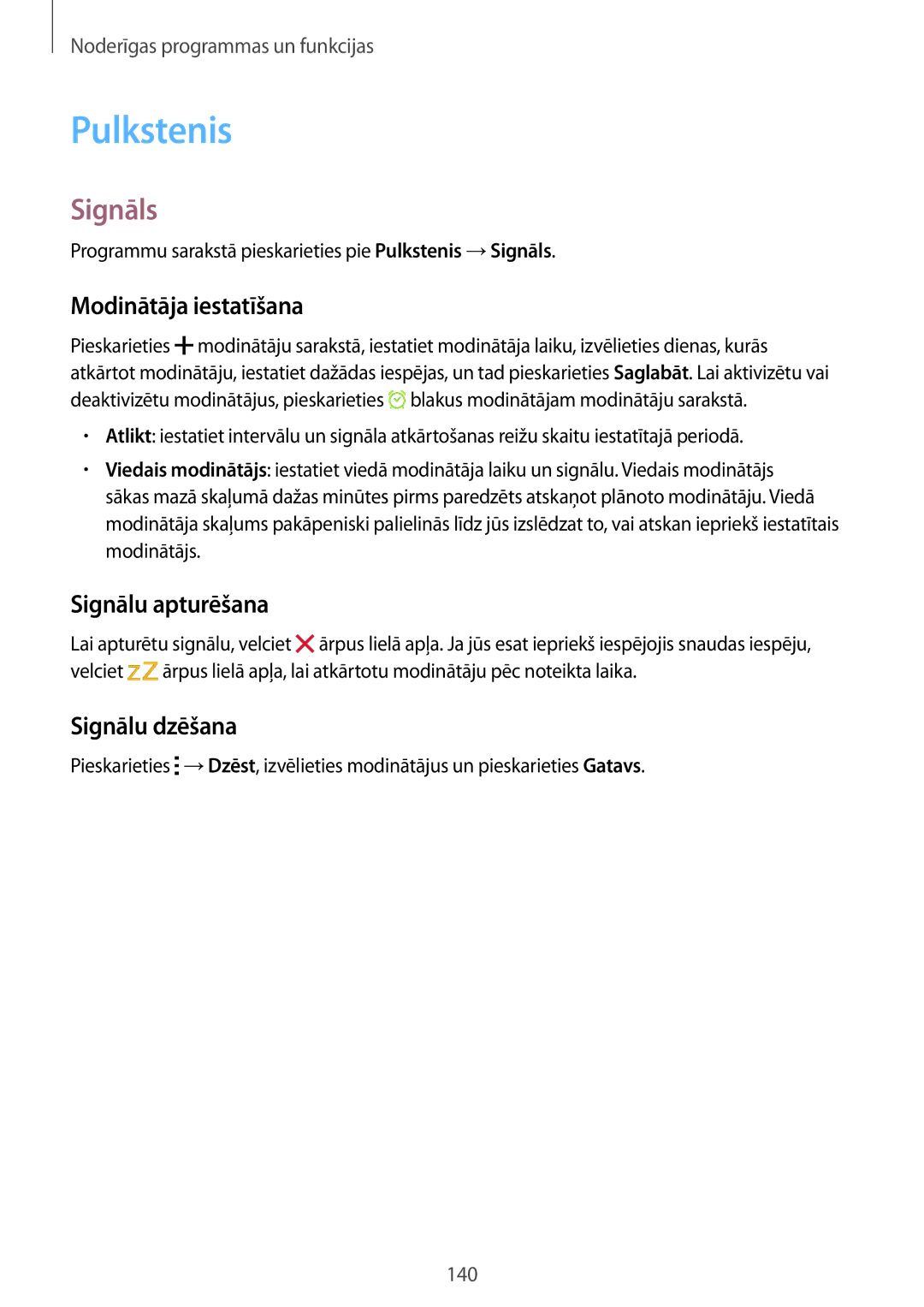 Samsung SM-G800FZWASEB, SM-G800FZKASEB Pulkstenis, Signāls, Modinātāja iestatīšana, Signālu apturēšana, Signālu dzēšana 