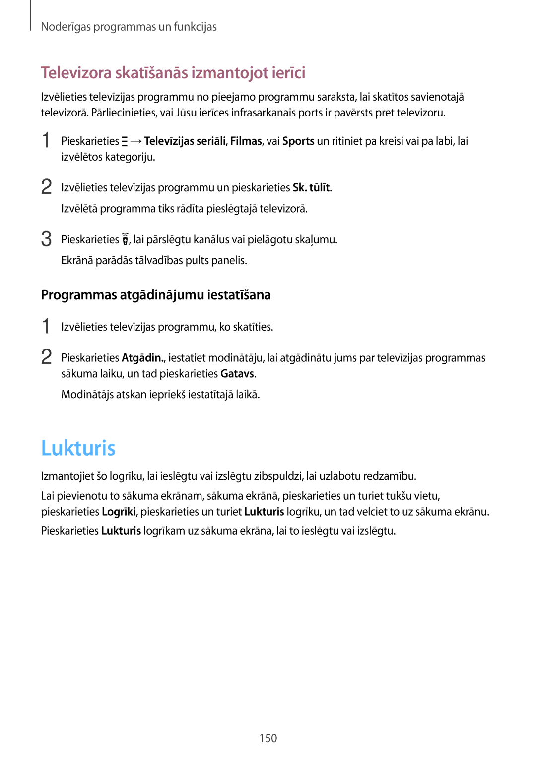 Samsung SM-G800FZBASEB manual Lukturis, Televizora skatīšanās izmantojot ierīci, Programmas atgādinājumu iestatīšana 