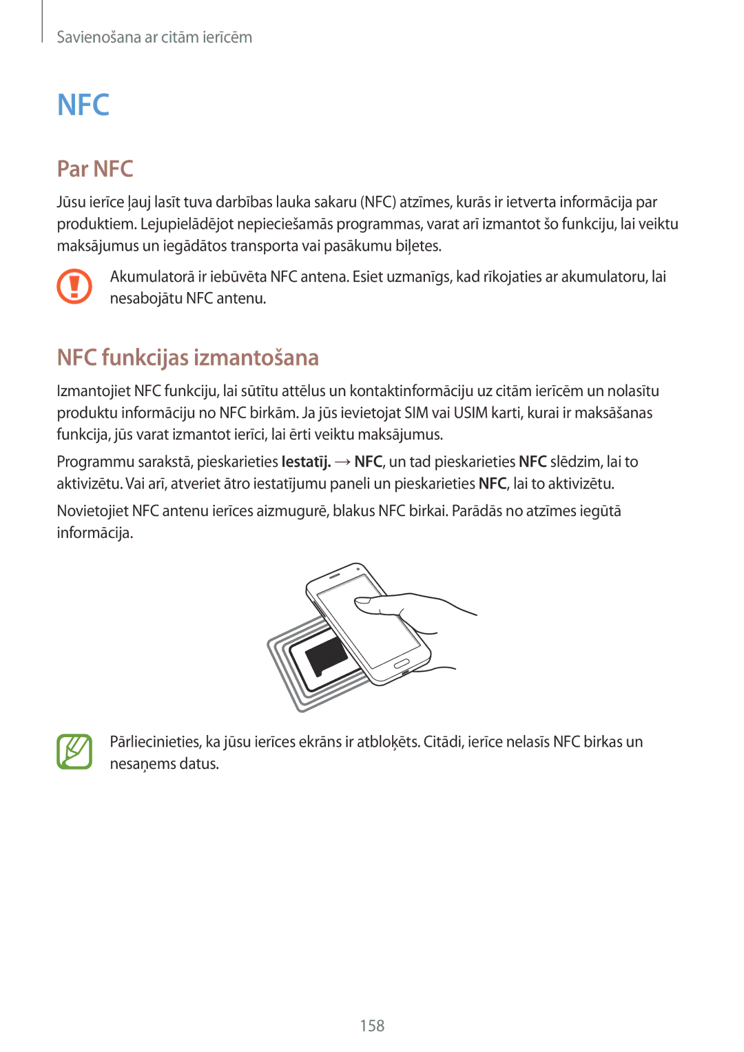 Samsung SM-G800FZBASEB, SM-G800FZWASEB, SM-G800FZKASEB, SM-G800FZDASEB manual Par NFC, NFC funkcijas izmantošana 