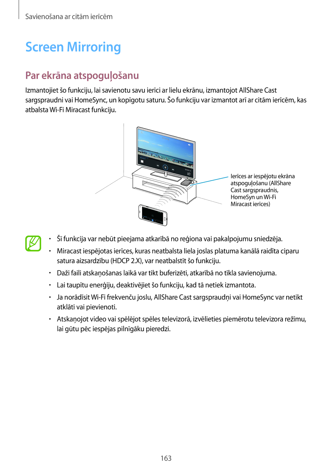 Samsung SM-G800FZDASEB, SM-G800FZWASEB, SM-G800FZKASEB, SM-G800FZBASEB manual Screen Mirroring, Par ekrāna atspoguļošanu 