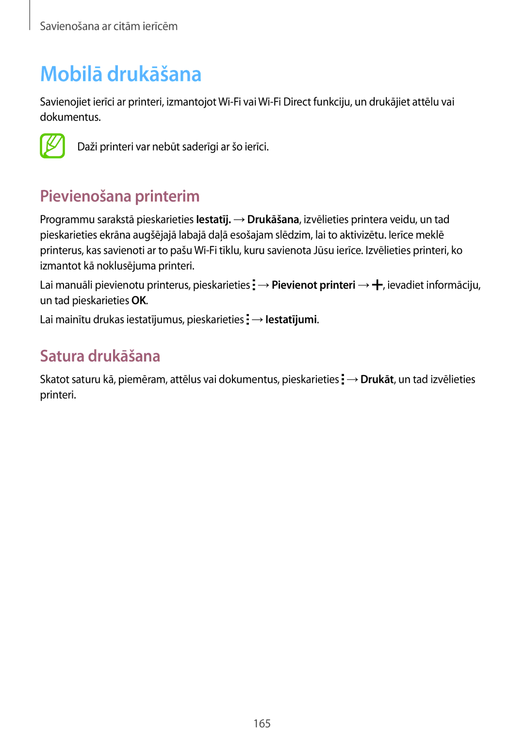 Samsung SM-G800FZKASEB, SM-G800FZWASEB, SM-G800FZBASEB manual Mobilā drukāšana, Pievienošana printerim, Satura drukāšana 