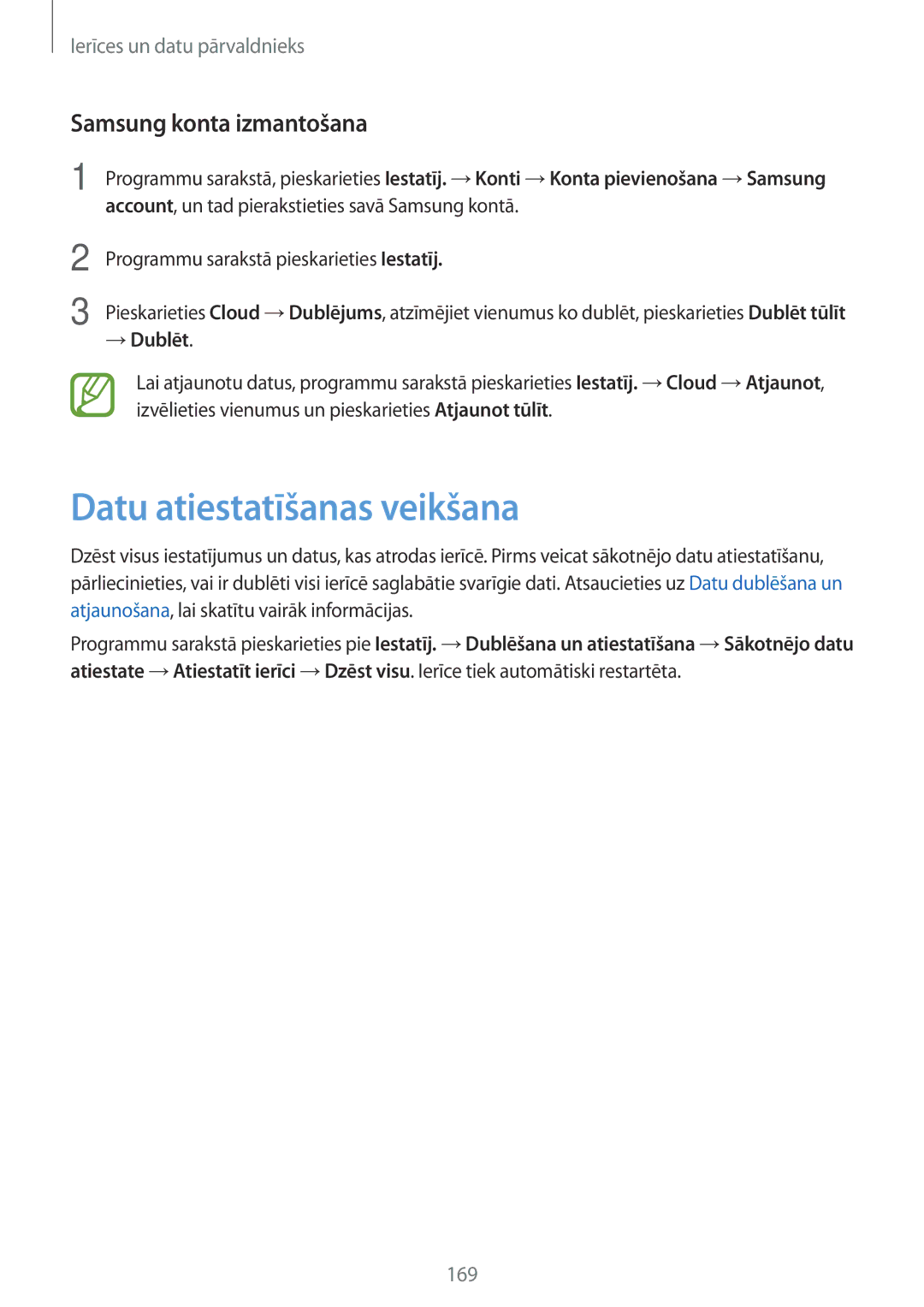 Samsung SM-G800FZKASEB, SM-G800FZWASEB, SM-G800FZBASEB Datu atiestatīšanas veikšana, Samsung konta izmantošana, → Dublēt 