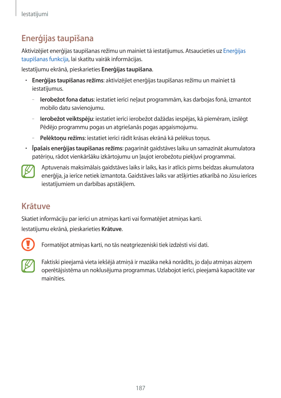 Samsung SM-G800FZDASEB, SM-G800FZWASEB, SM-G800FZKASEB, SM-G800FZBASEB manual Enerģijas taupīšana, Krātuve 