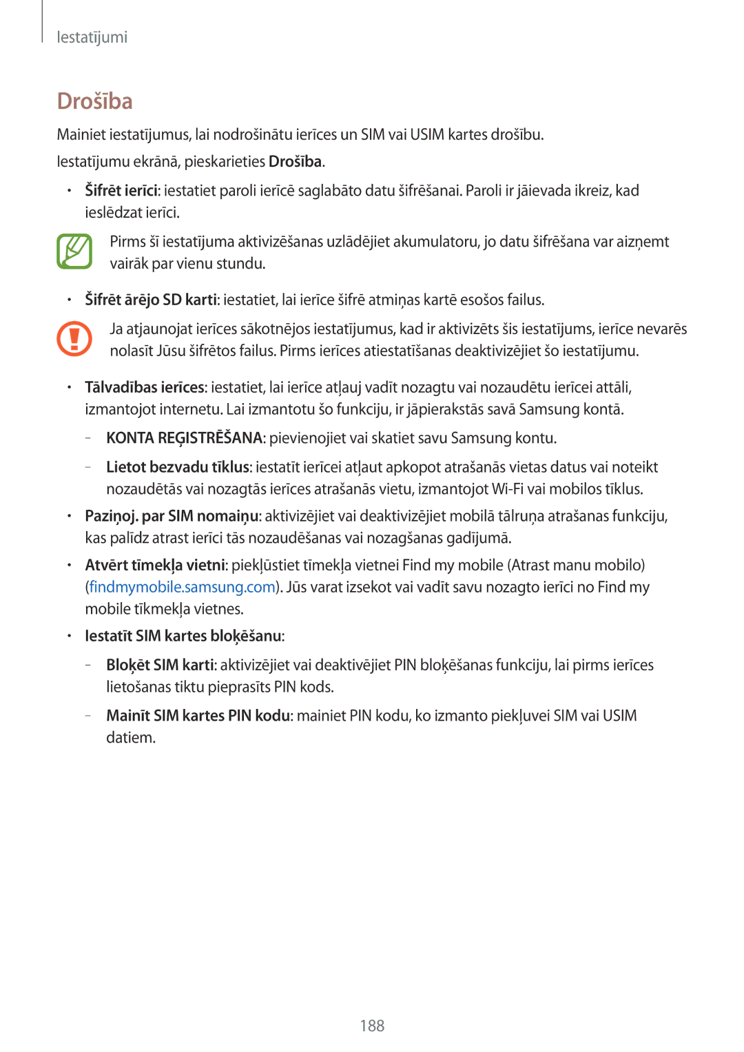 Samsung SM-G800FZWASEB, SM-G800FZKASEB, SM-G800FZBASEB, SM-G800FZDASEB manual Drošība, Iestatīt SIM kartes bloķēšanu 