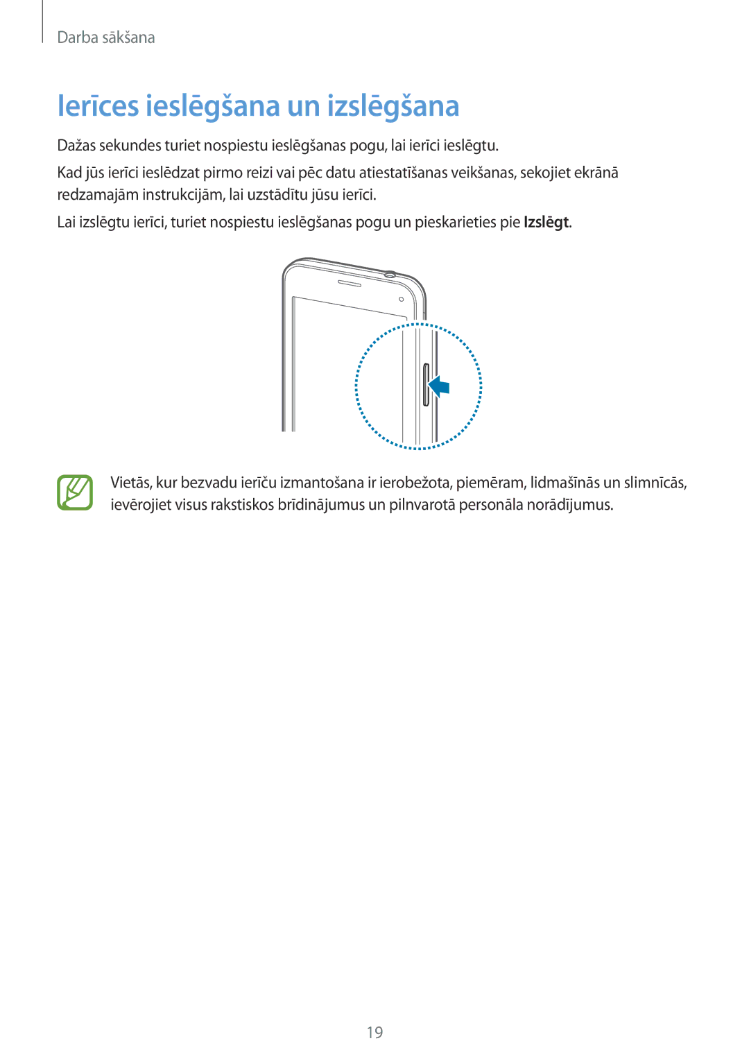 Samsung SM-G800FZDASEB, SM-G800FZWASEB, SM-G800FZKASEB, SM-G800FZBASEB manual Ierīces ieslēgšana un izslēgšana 