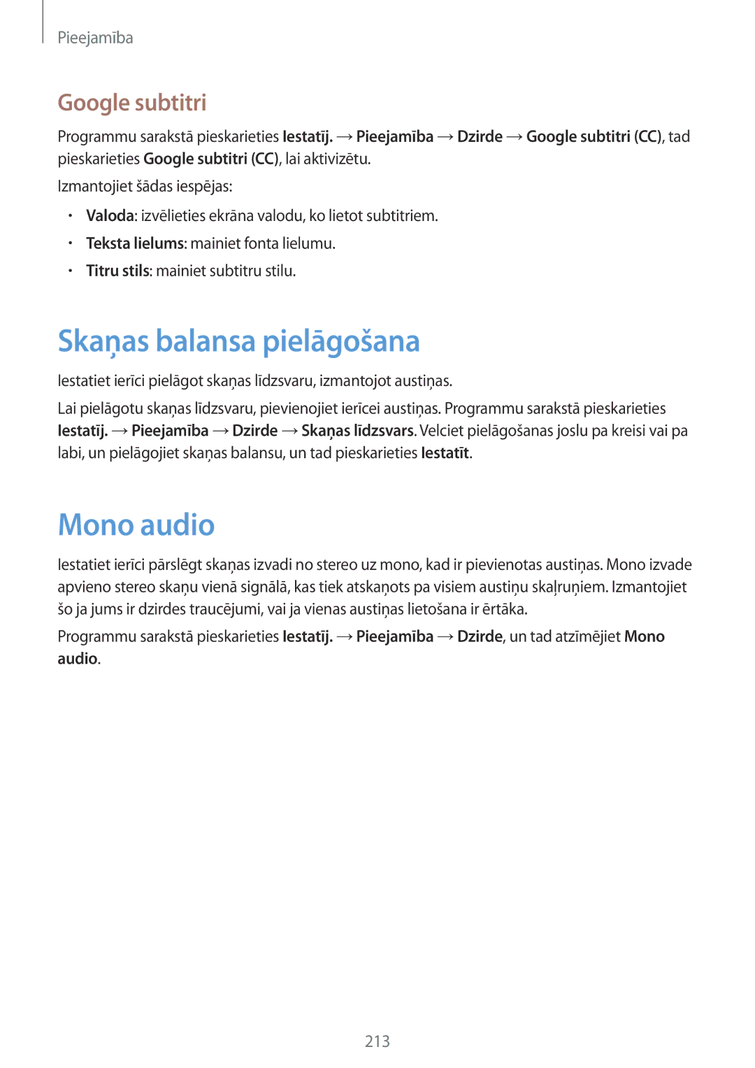 Samsung SM-G800FZKASEB, SM-G800FZWASEB, SM-G800FZBASEB manual Skaņas balansa pielāgošana, Mono audio, Google subtitri 