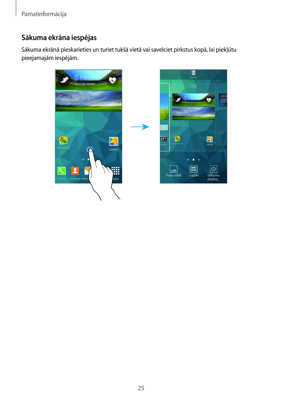 Samsung SM-G800FZKASEB, SM-G800FZWASEB, SM-G800FZBASEB, SM-G800FZDASEB manual Sākuma ekrāna iespējas 