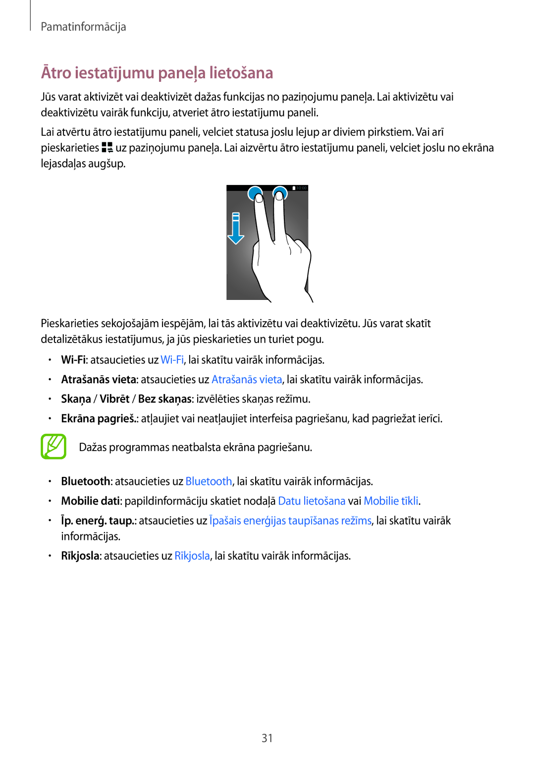 Samsung SM-G800FZDASEB, SM-G800FZWASEB, SM-G800FZKASEB, SM-G800FZBASEB manual Ātro iestatījumu paneļa lietošana 