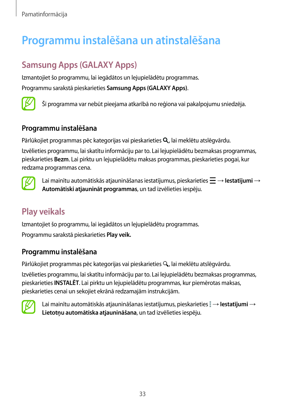 Samsung SM-G800FZKASEB, SM-G800FZWASEB manual Programmu instalēšana un atinstalēšana, Samsung Apps Galaxy Apps, Play veikals 