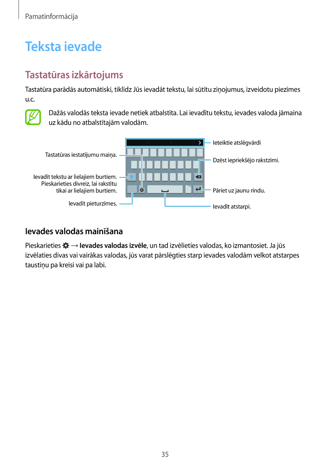 Samsung SM-G800FZDASEB, SM-G800FZWASEB, SM-G800FZKASEB Teksta ievade, Tastatūras izkārtojums, Ievades valodas mainīšana 