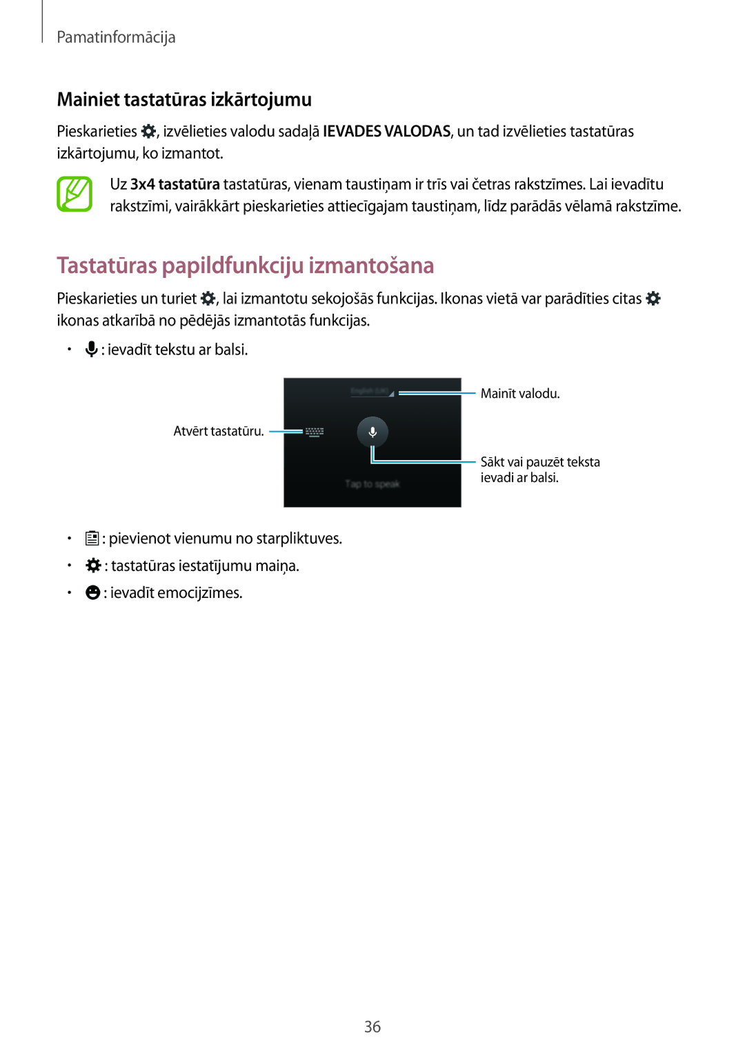 Samsung SM-G800FZWASEB, SM-G800FZKASEB manual Tastatūras papildfunkciju izmantošana, Mainiet tastatūras izkārtojumu 