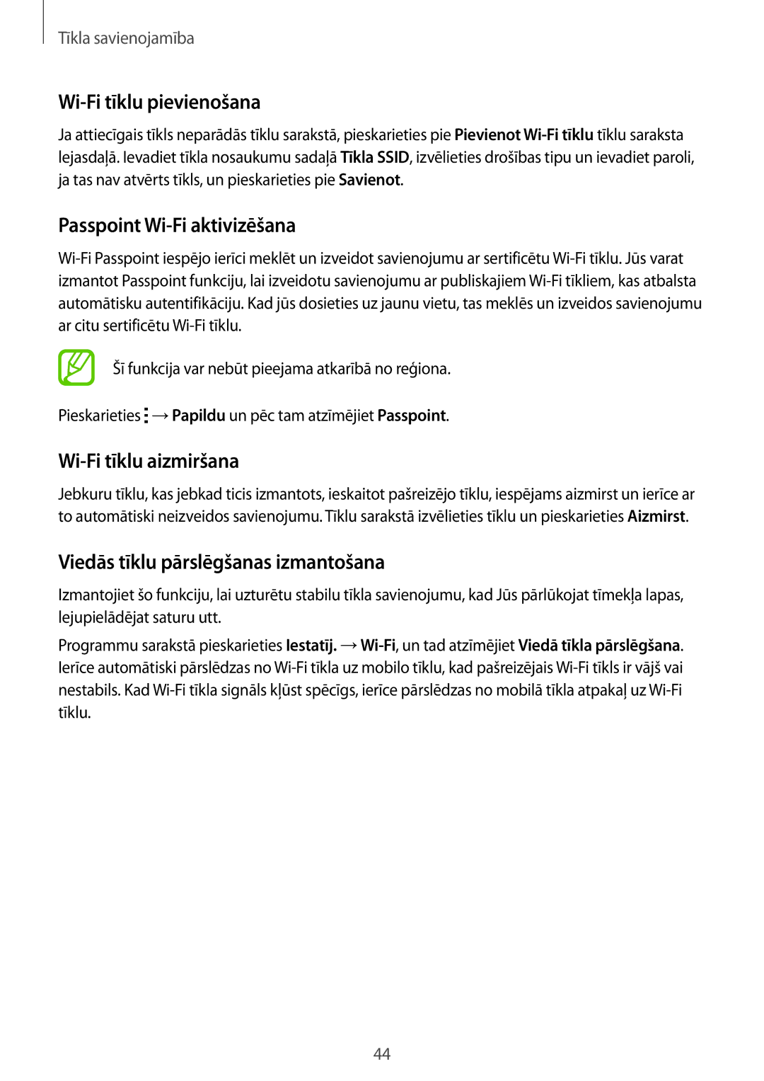 Samsung SM-G800FZWASEB, SM-G800FZKASEB manual Wi-Fi tīklu pievienošana, Passpoint Wi-Fi aktivizēšana, Wi-Fi tīklu aizmiršana 