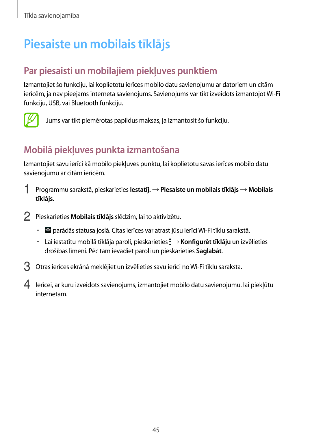 Samsung SM-G800FZKASEB, SM-G800FZWASEB manual Piesaiste un mobilais tīklājs, Par piesaisti un mobilajiem piekļuves punktiem 
