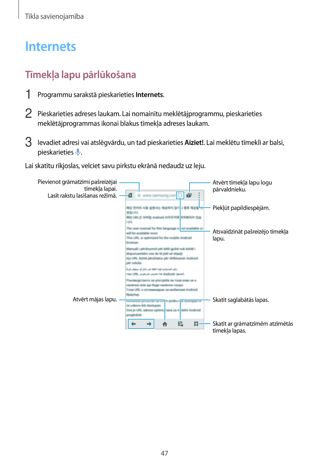 Samsung SM-G800FZDASEB, SM-G800FZWASEB, SM-G800FZKASEB, SM-G800FZBASEB manual Internets, Tīmekļa lapu pārlūkošana 