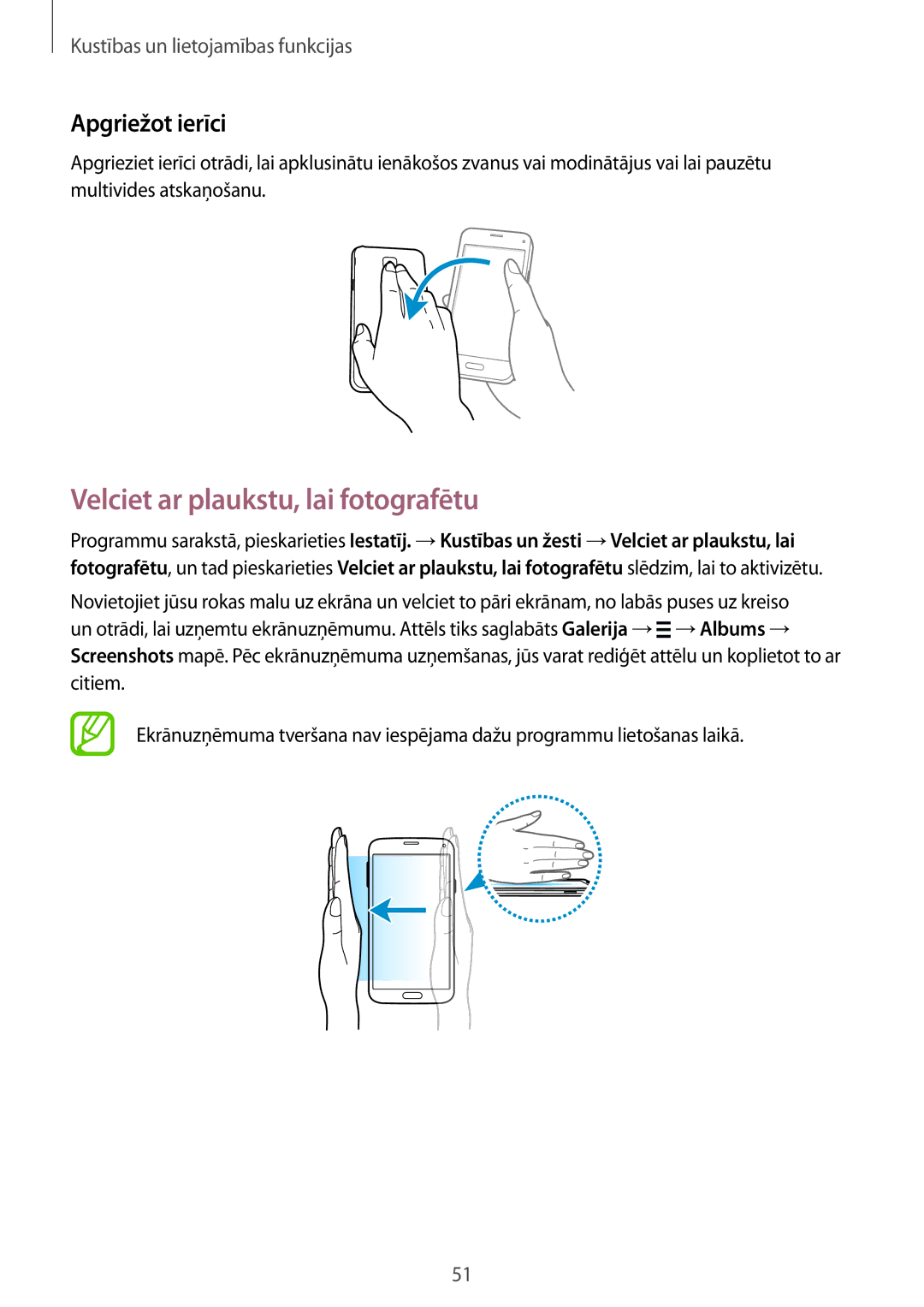 Samsung SM-G800FZDASEB, SM-G800FZWASEB, SM-G800FZKASEB manual Velciet ar plaukstu, lai fotografētu, Apgriežot ierīci 