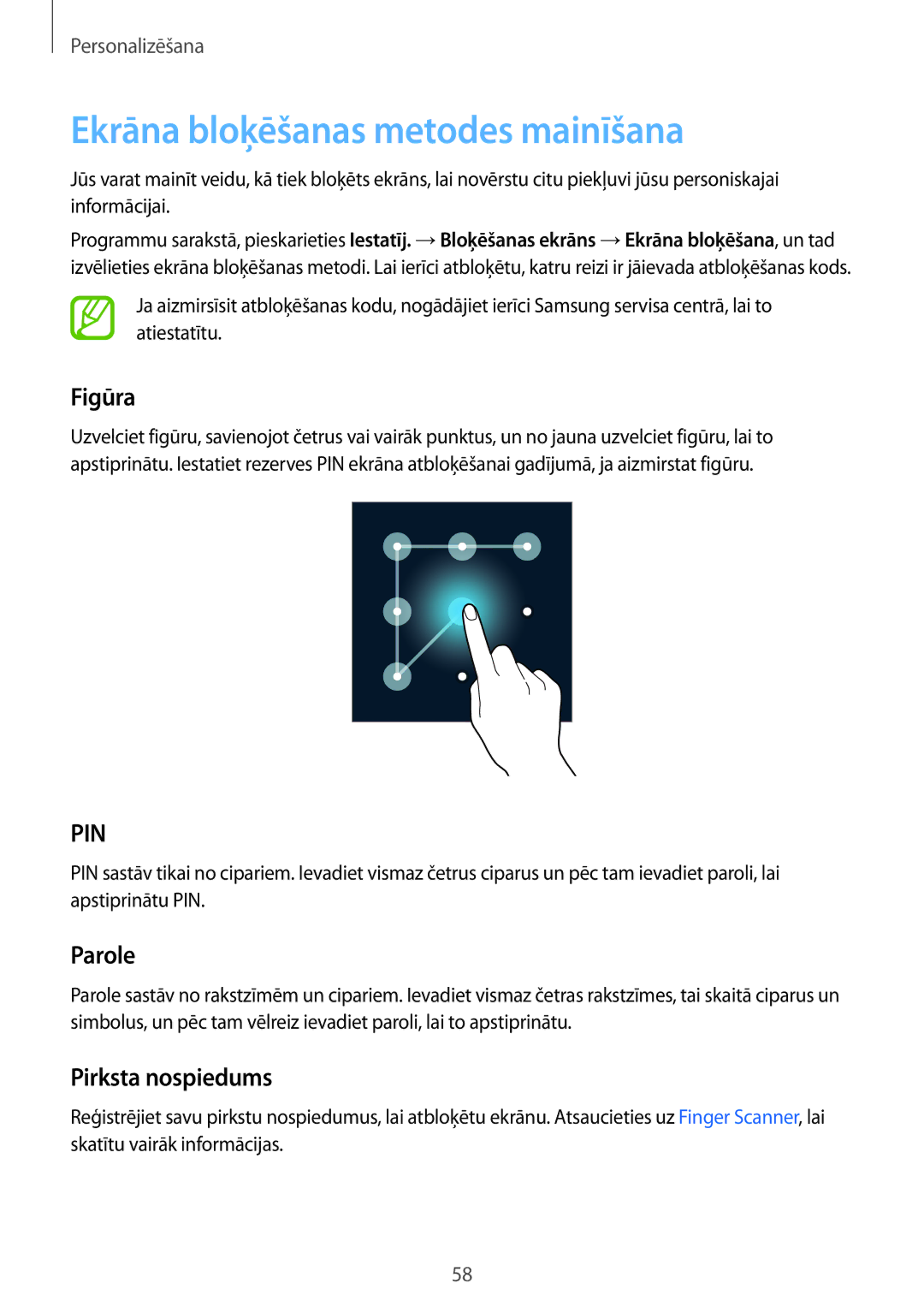 Samsung SM-G800FZBASEB, SM-G800FZWASEB manual Ekrāna bloķēšanas metodes mainīšana, Figūra, Parole, Pirksta nospiedums 