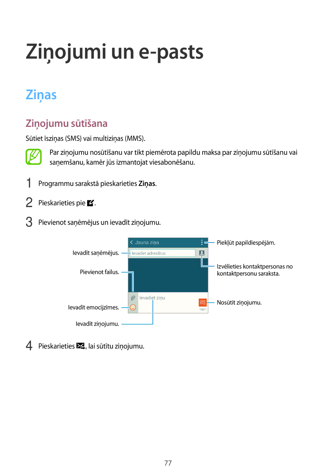 Samsung SM-G800FZKASEB, SM-G800FZWASEB, SM-G800FZBASEB, SM-G800FZDASEB manual Ziņojumi un e-pasts, Ziņas, Ziņojumu sūtīšana 