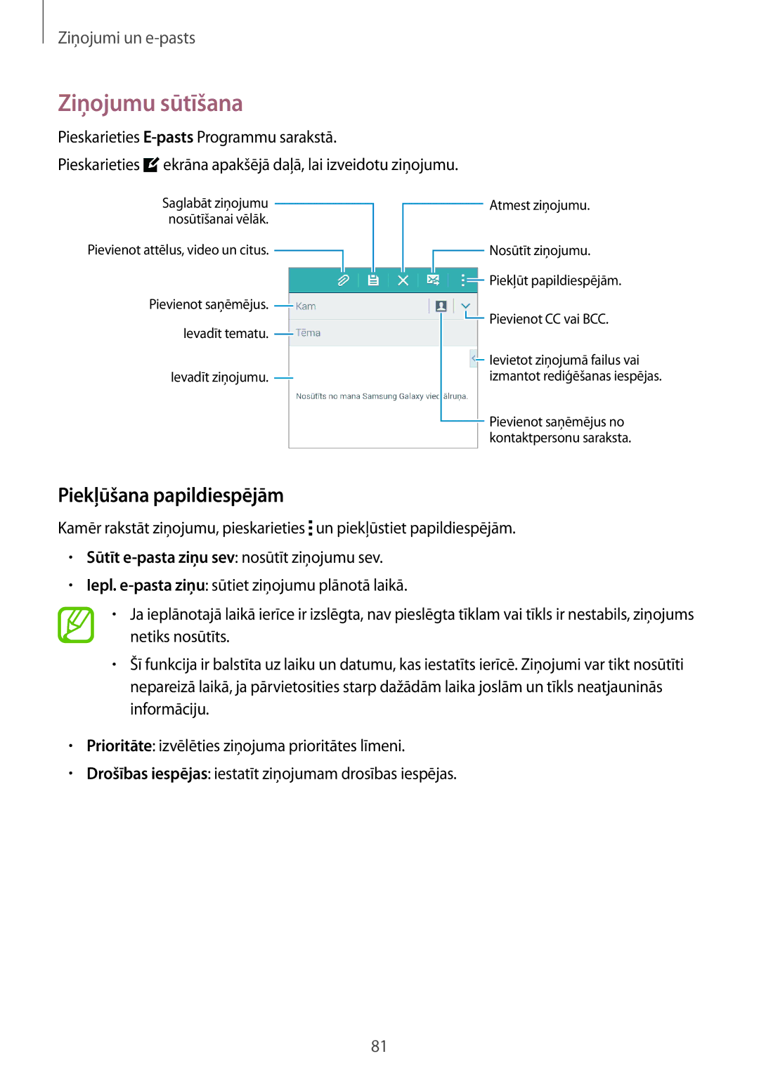 Samsung SM-G800FZKASEB, SM-G800FZWASEB, SM-G800FZBASEB, SM-G800FZDASEB manual Ziņojumu sūtīšana, Piekļūšana papildiespējām 