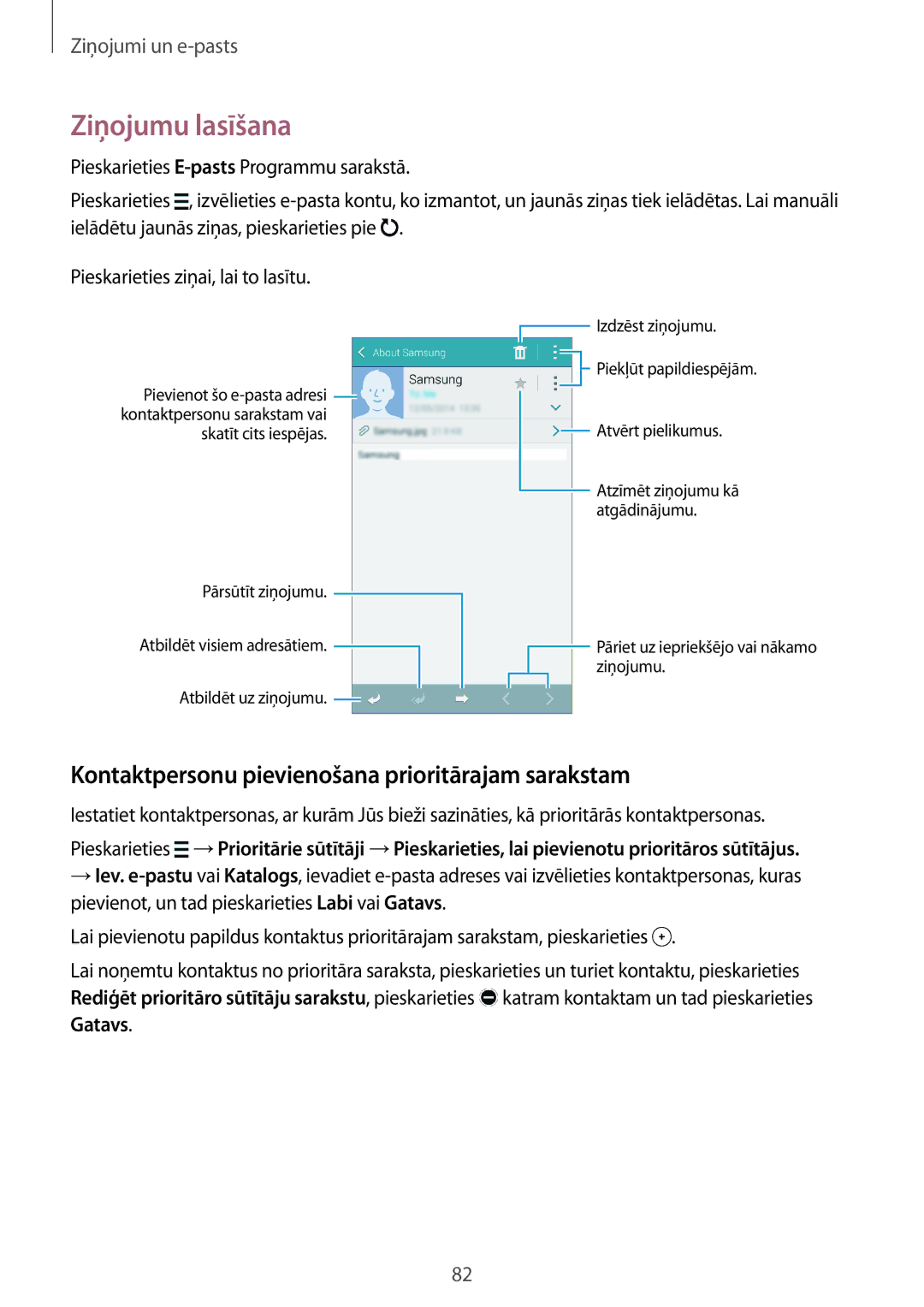 Samsung SM-G800FZBASEB, SM-G800FZWASEB manual Ziņojumu lasīšana, Kontaktpersonu pievienošana prioritārajam sarakstam 