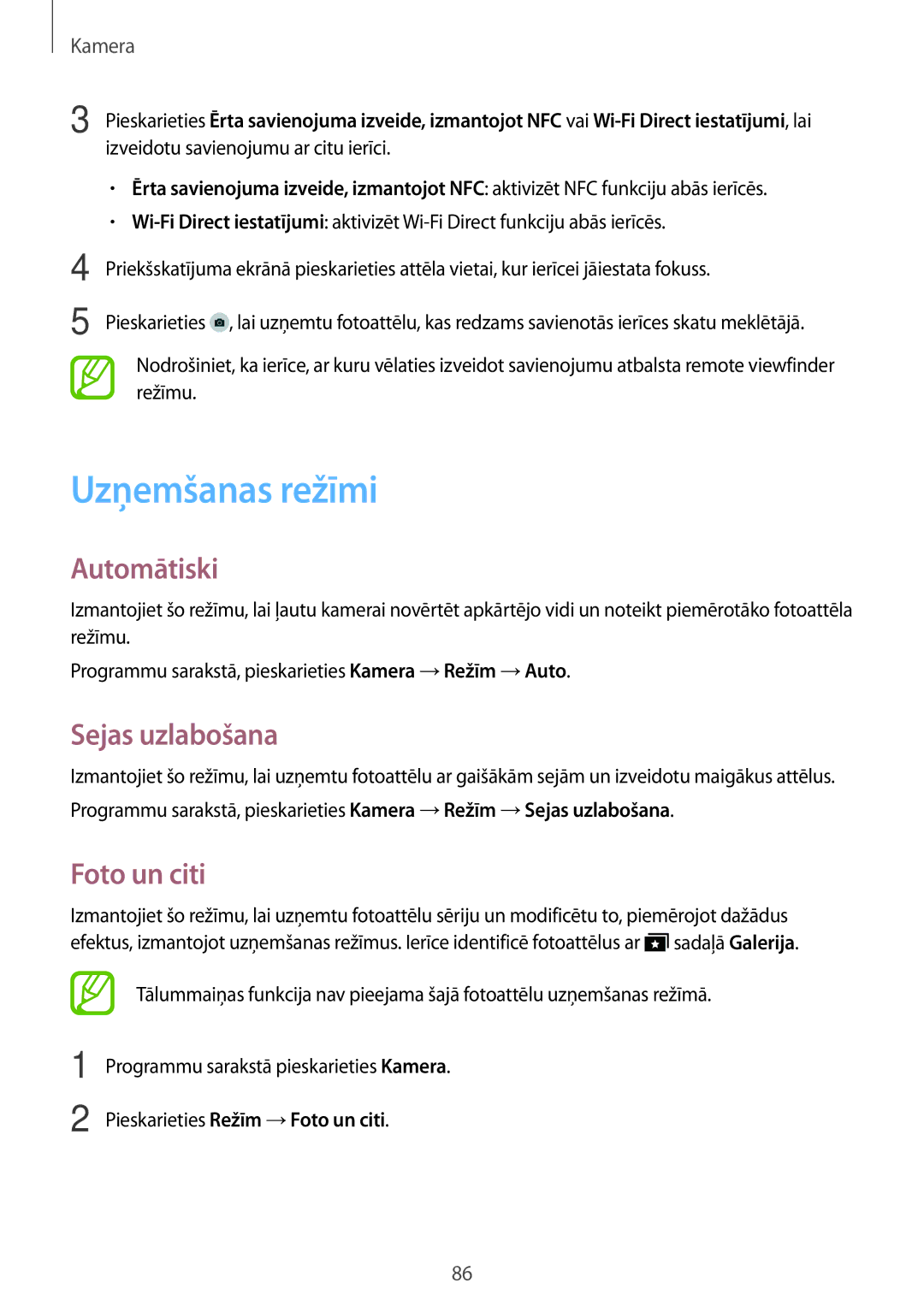 Samsung SM-G800FZBASEB manual Uzņemšanas režīmi, Automātiski, Sejas uzlabošana, Pieskarieties Režīm → Foto un citi 