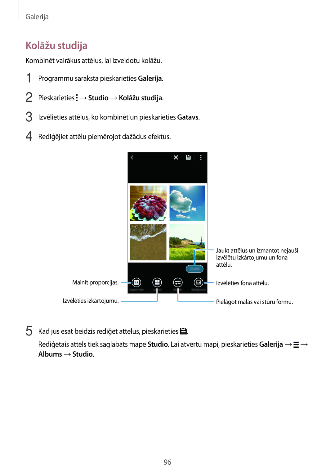 Samsung SM-G800FZWASEB, SM-G800FZKASEB, SM-G800FZBASEB, SM-G800FZDASEB manual Pieskarieties → Studio → Kolāžu studija 