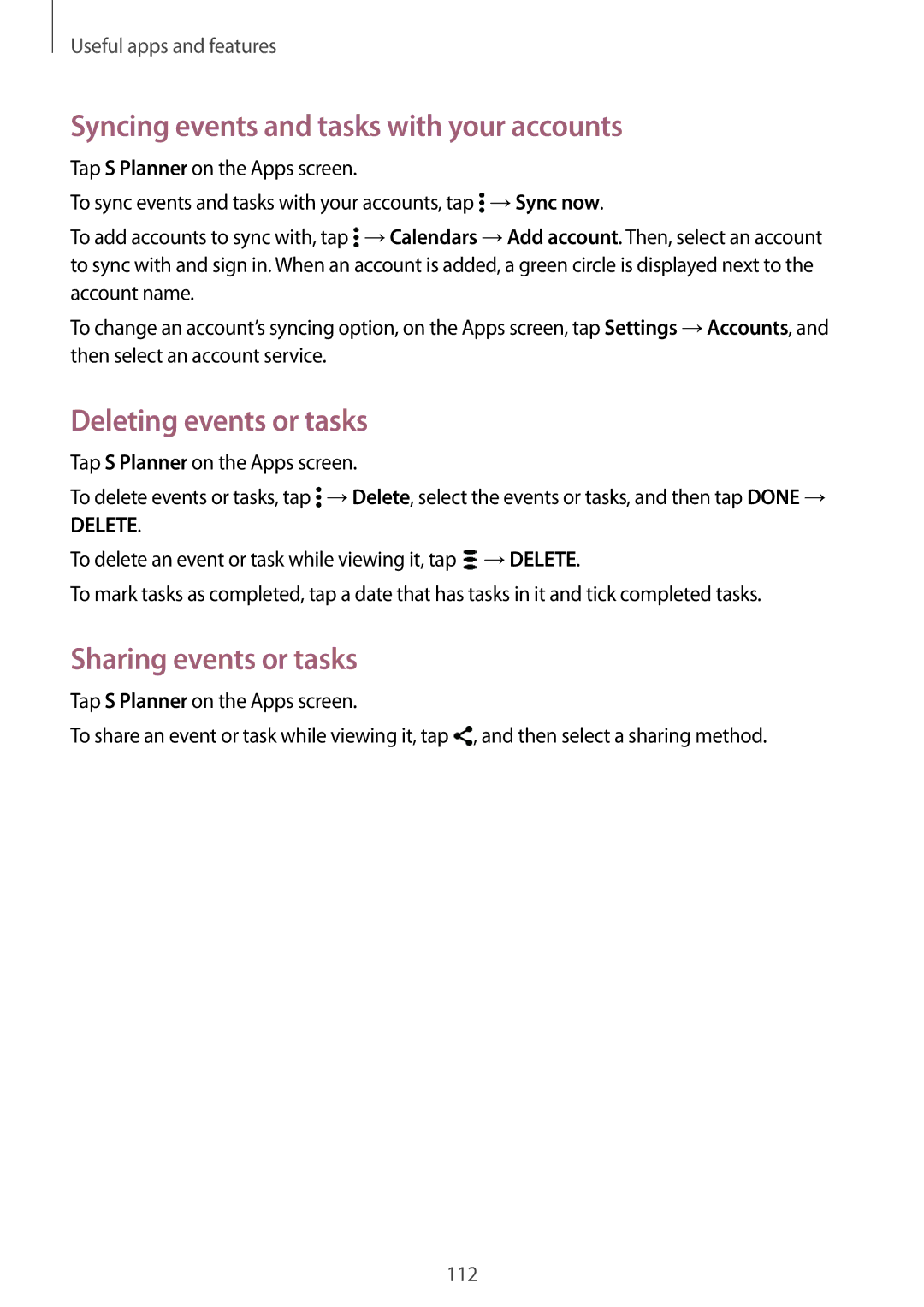 Samsung SM-G800HZKDSER Syncing events and tasks with your accounts, Deleting events or tasks, Sharing events or tasks 