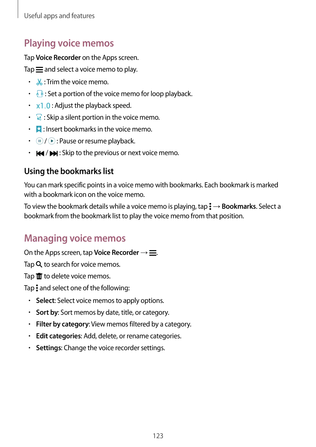 Samsung SM-G800HZWASER, SM-G800HZKDSER, SM-G800HZDASER Playing voice memos, Managing voice memos, Using the bookmarks list 