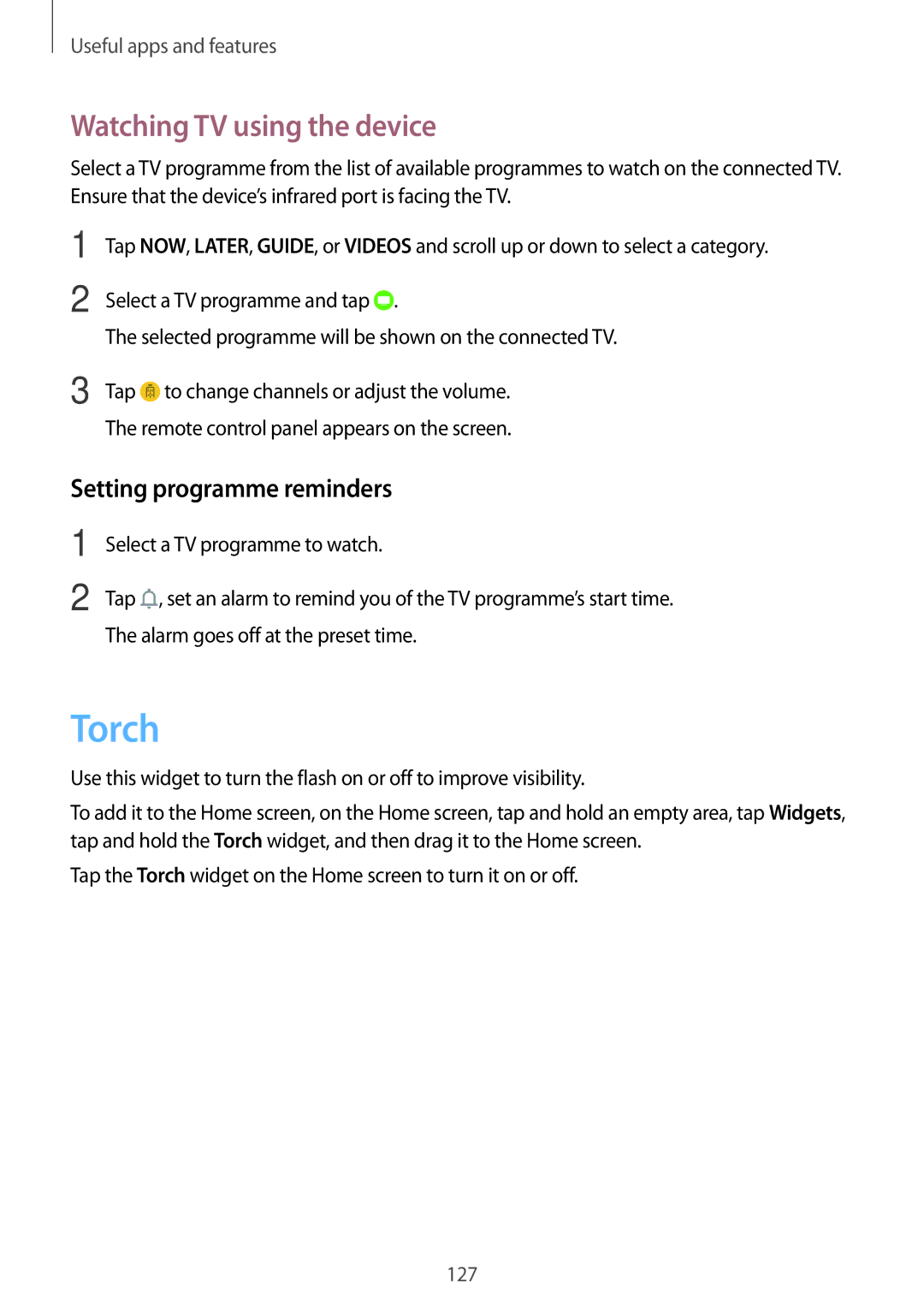 Samsung SM-G800HZBASER, SM-G800HZKDSER, SM-G800HZDASER Torch, Watching TV using the device, Setting programme reminders 