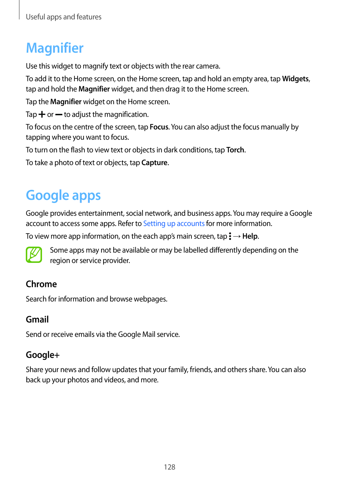 Samsung SM-G800HZKDSER, SM-G800HZDASER, SM-G800HZBDSER, SM-G800HZWASER manual Magnifier, Google apps, Chrome, Gmail, Google+ 