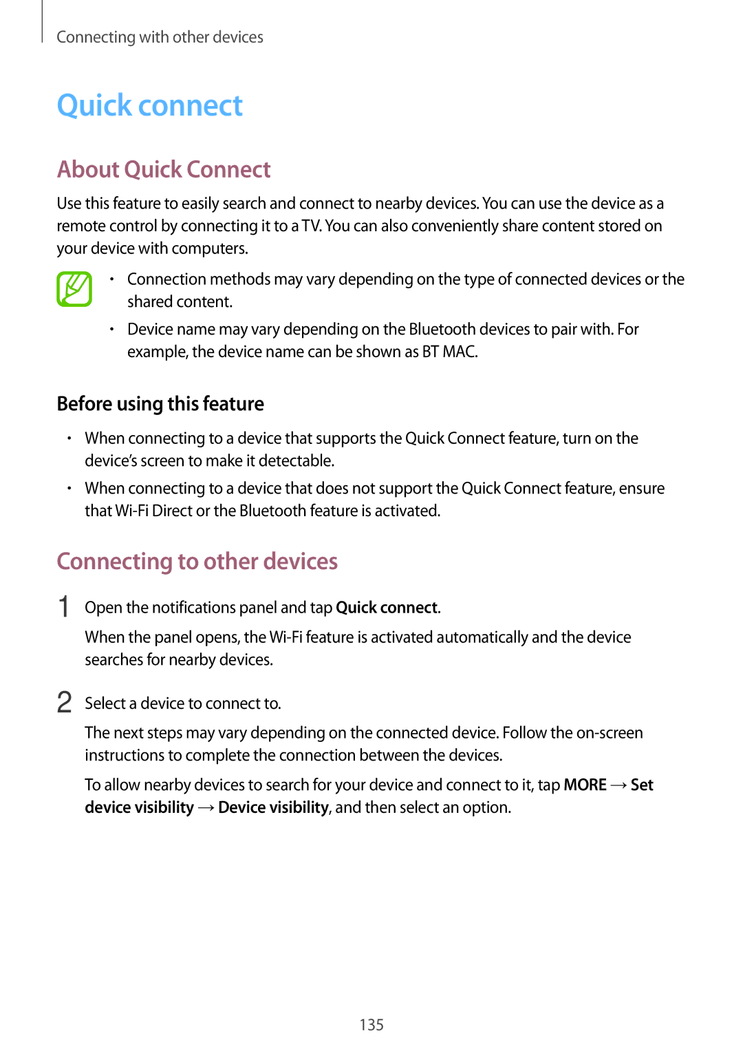 Samsung SM-G800HZBASER, SM-G800HZKDSER, SM-G800HZDASER manual Quick connect, About Quick Connect, Before using this feature 