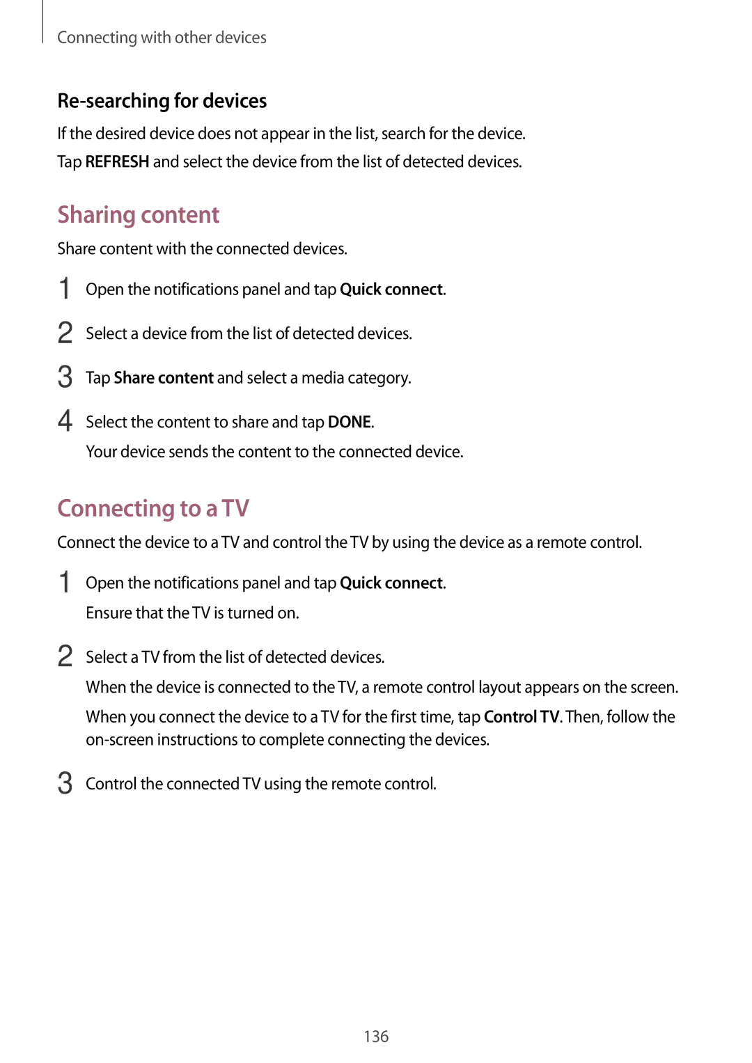 Samsung SM-G800HZKDSER, SM-G800HZDASER, SM-G800HZBDSER, SM-G800HZWASER manual Sharing content, Re-searching for devices 