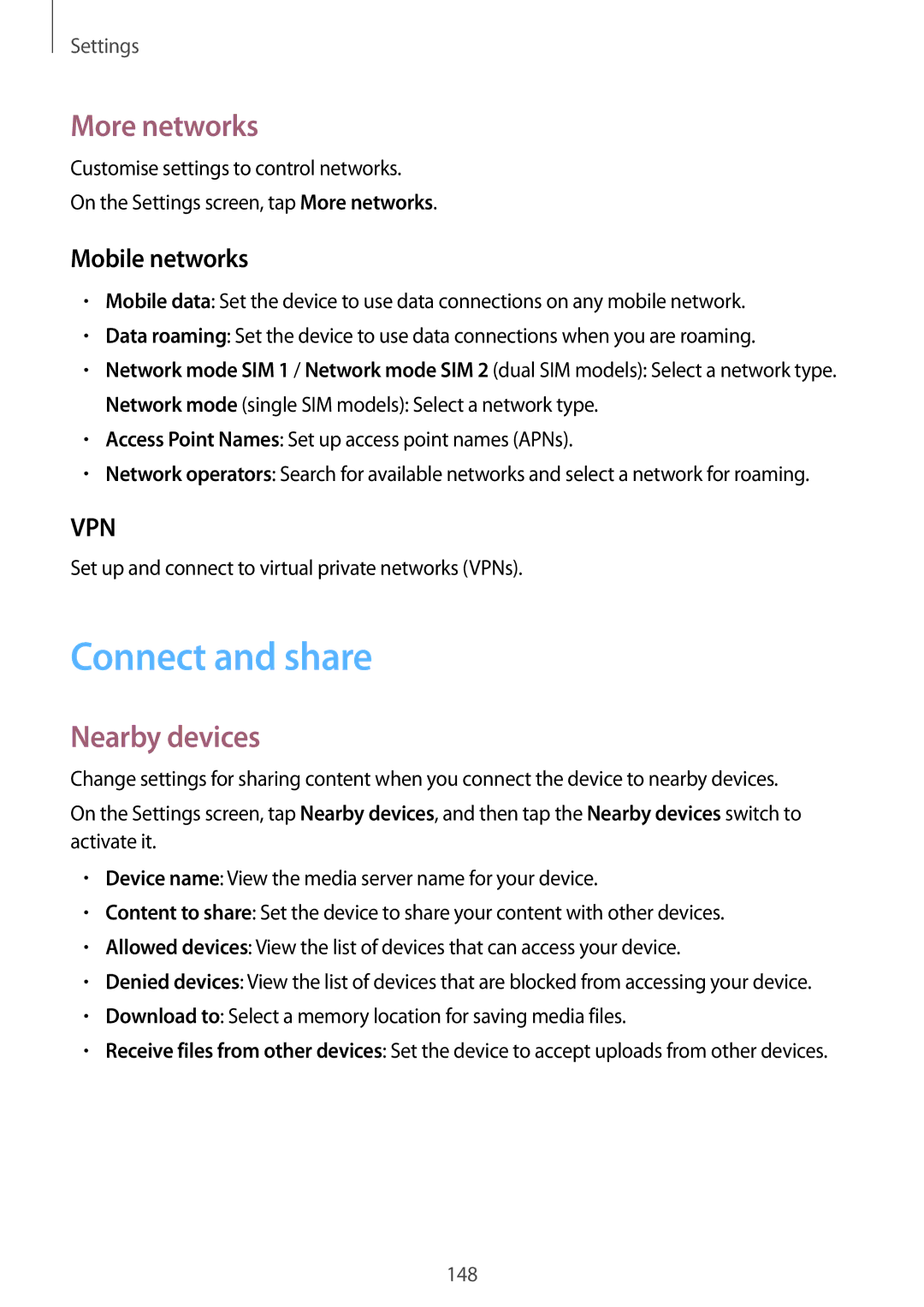 Samsung SM-G800HZWDSER, SM-G800HZKDSER, SM-G800HZDASER Connect and share, More networks, Nearby devices, Mobile networks 