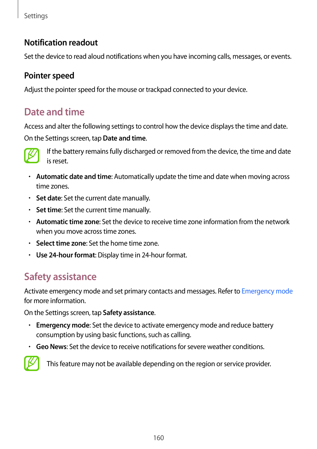 Samsung SM-G800HZKDSER, SM-G800HZDASER manual Date and time, Safety assistance, Notification readout, Pointer speed 