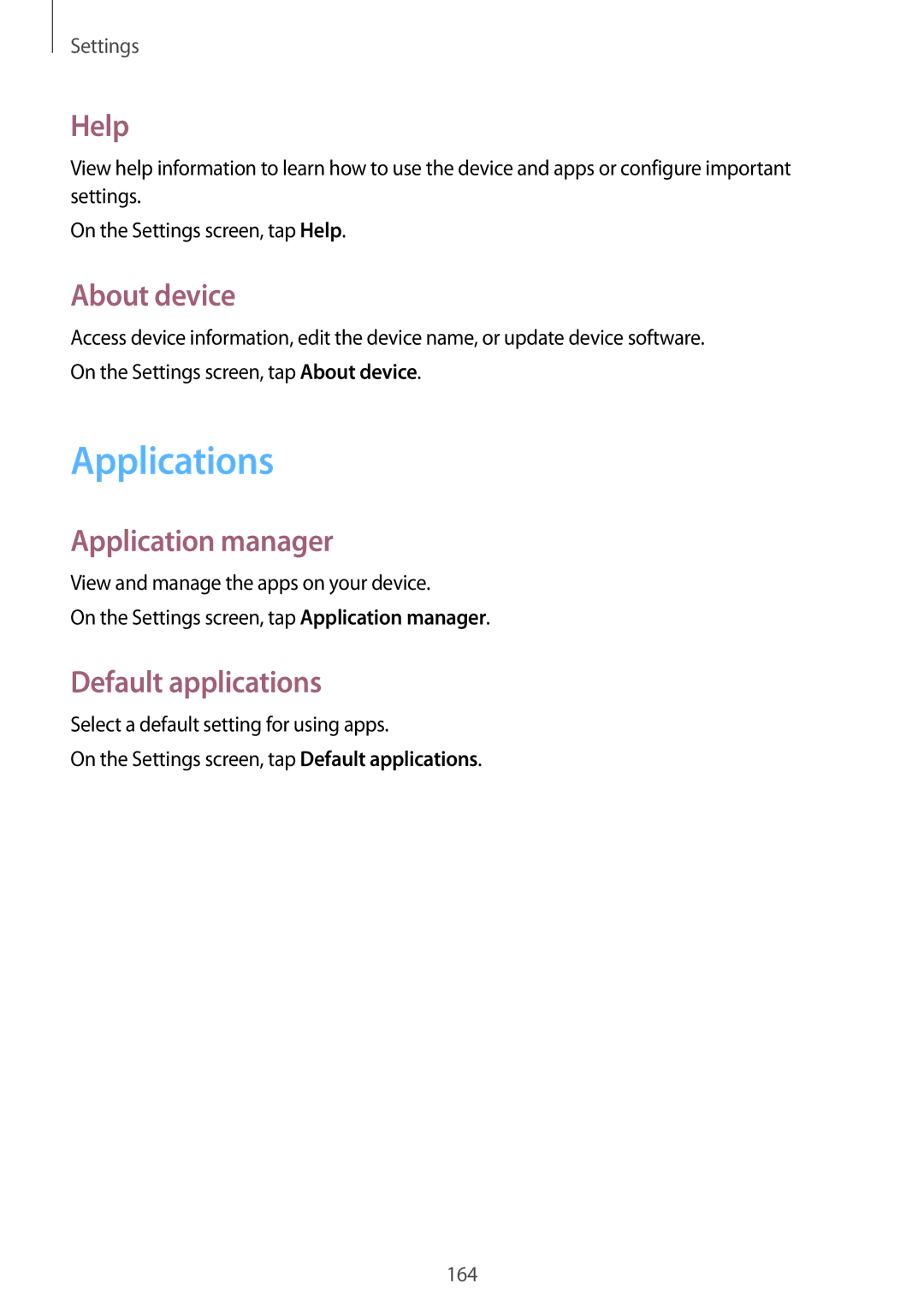Samsung SM-G800HZWDSER, SM-G800HZKDSER manual Applications, Help, About device, Application manager, Default applications 