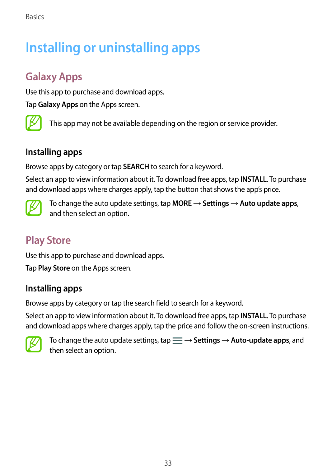 Samsung SM-G800HZDASER, SM-G800HZKDSER manual Installing or uninstalling apps, Galaxy Apps, Play Store, Installing apps 