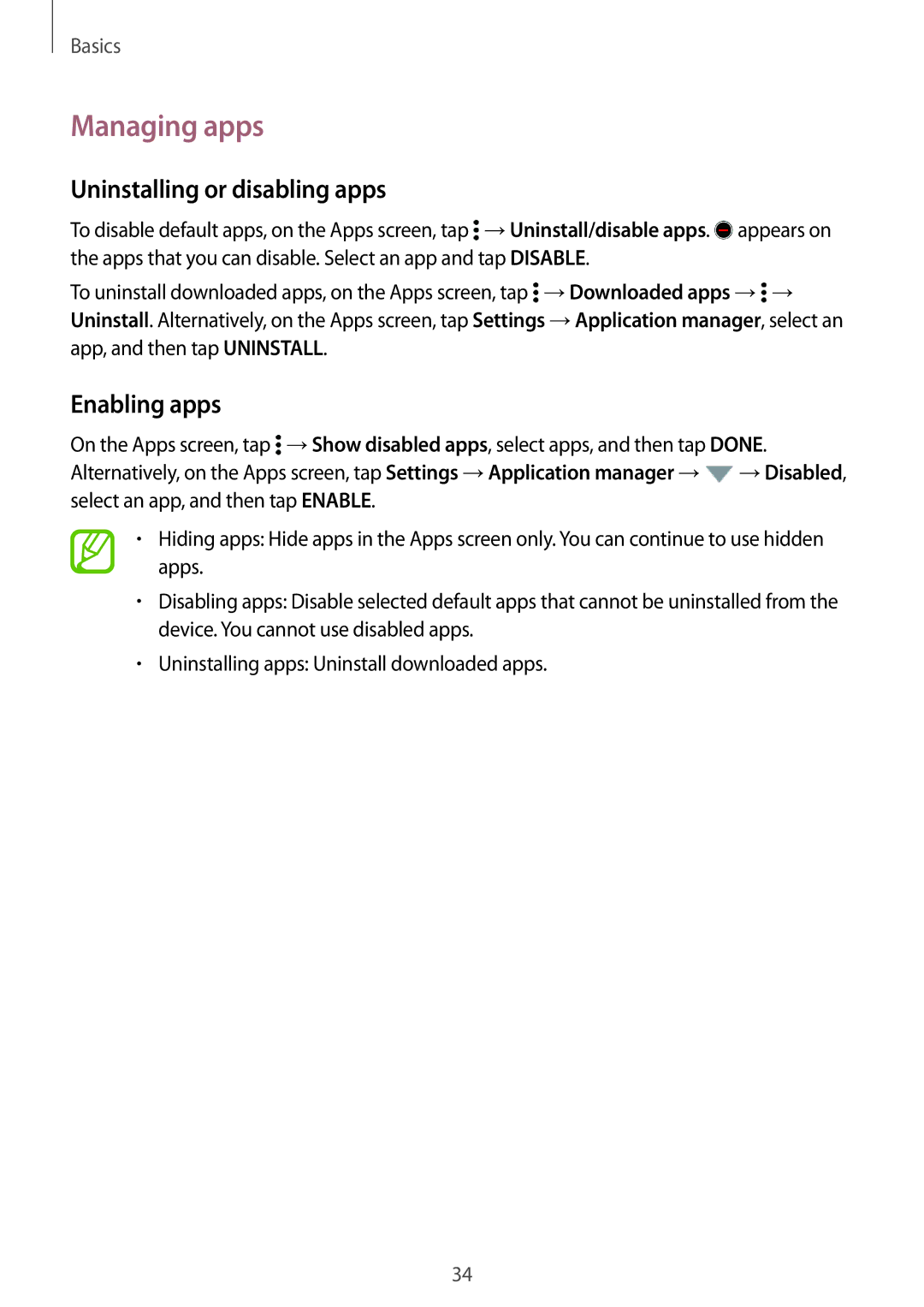 Samsung SM-G800HZBDSER, SM-G800HZKDSER, SM-G800HZDASER manual Managing apps, Uninstalling or disabling apps, Enabling apps 