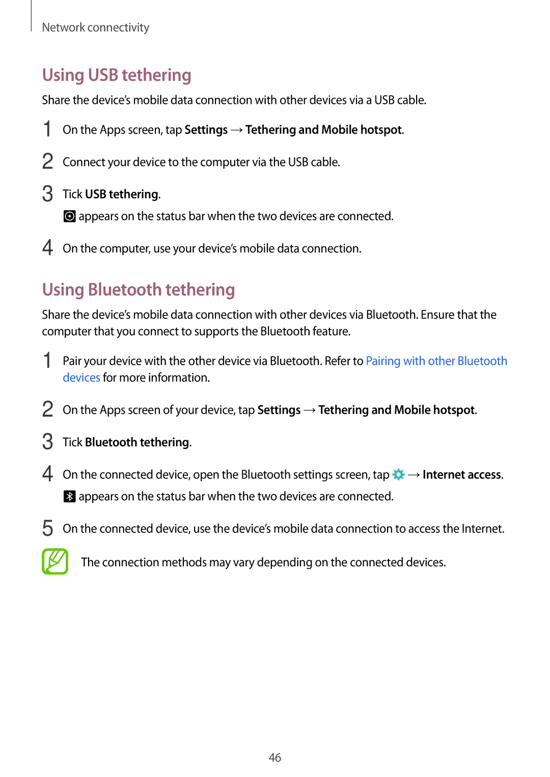 Samsung SM-G800HZDDSER manual Using USB tethering, Using Bluetooth tethering, Tick USB tethering, Tick Bluetooth tethering 