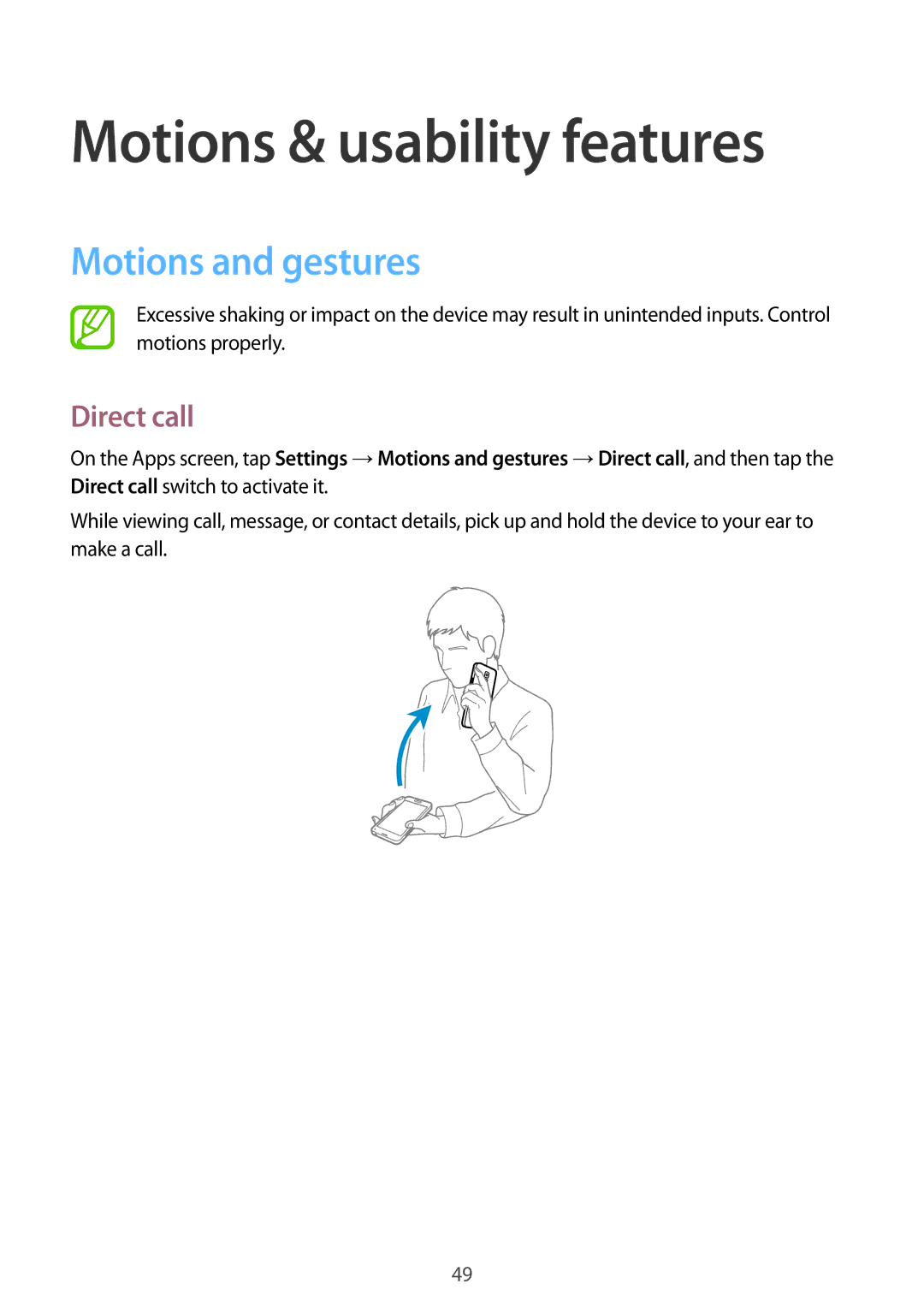 Samsung SM-G800HZDASER, SM-G800HZKDSER, SM-G800HZBDSER manual Motions & usability features, Motions and gestures, Direct call 