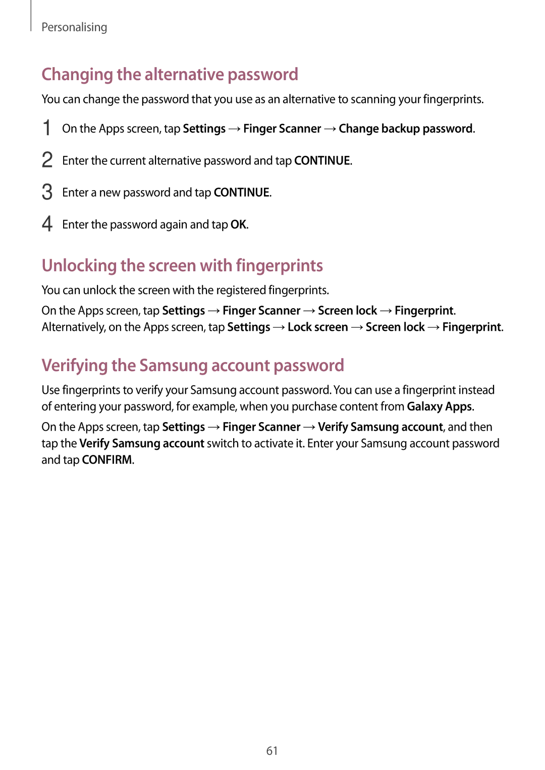 Samsung SM-G800HZKASER, SM-G800HZKDSER manual Changing the alternative password, Unlocking the screen with fingerprints 