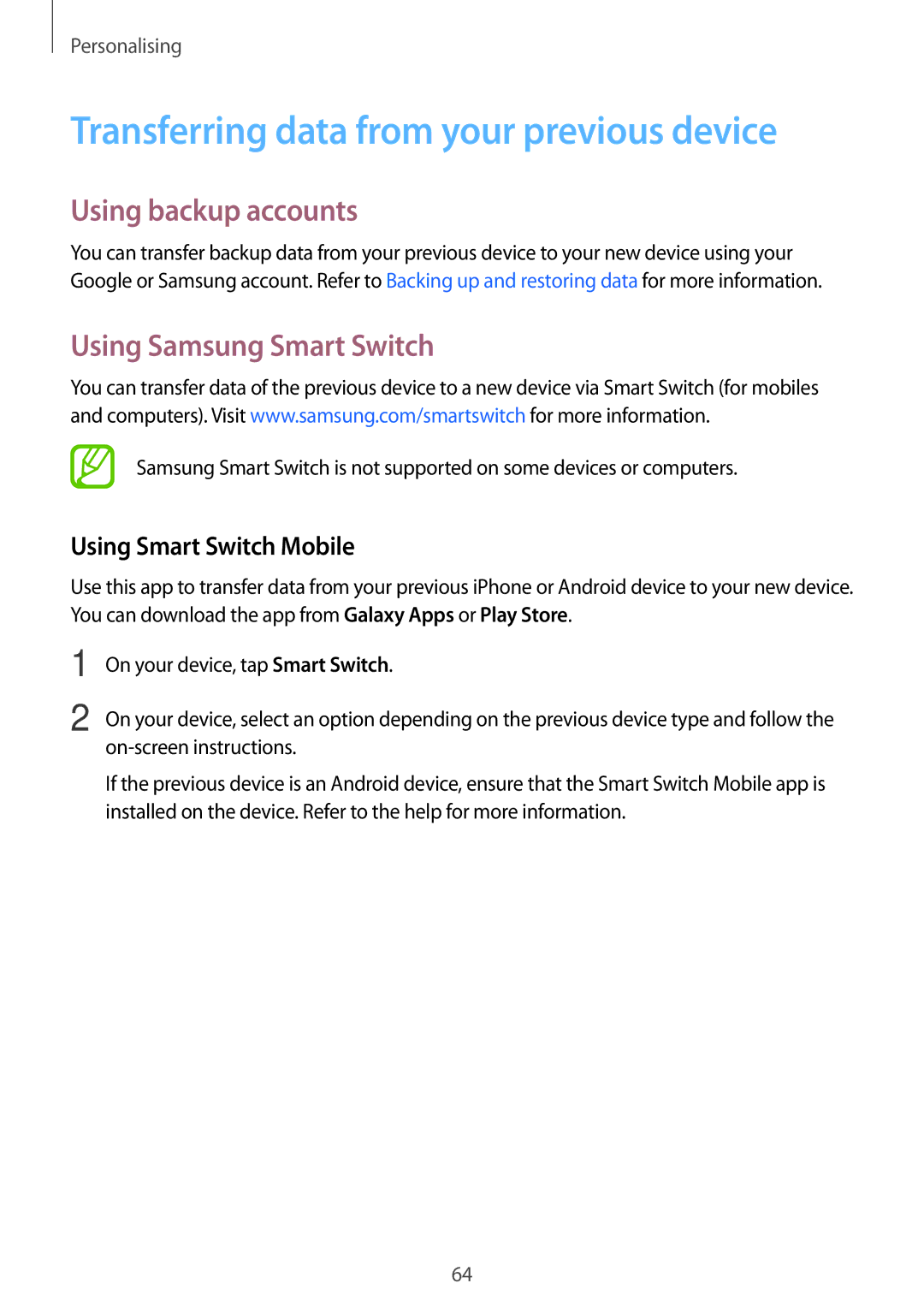 Samsung SM-G800HZKDSER Transferring data from your previous device, Using backup accounts, Using Samsung Smart Switch 