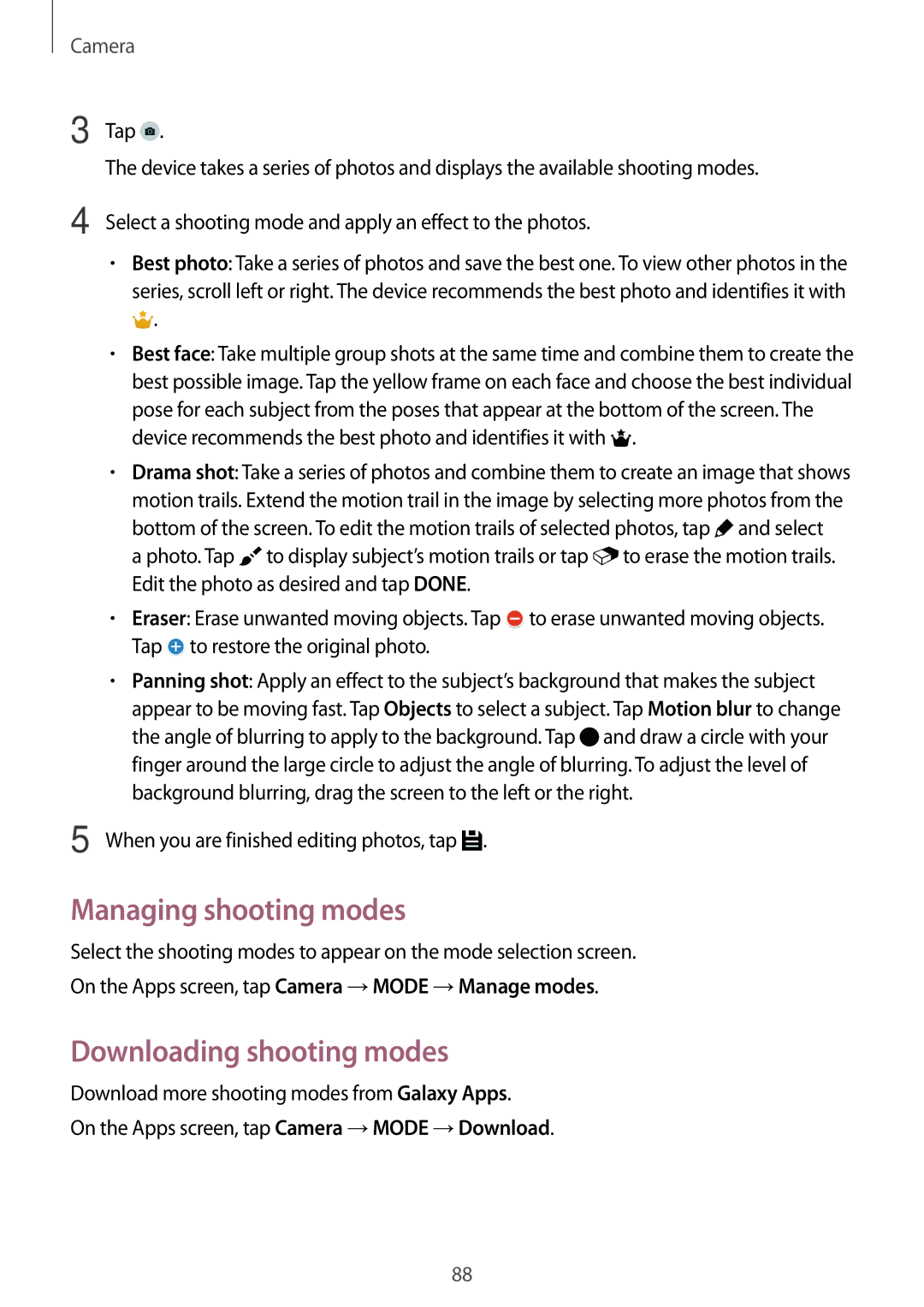 Samsung SM-G800HZKDSER, SM-G800HZDASER, SM-G800HZBDSER, SM-G800HZWASER Managing shooting modes, Downloading shooting modes 